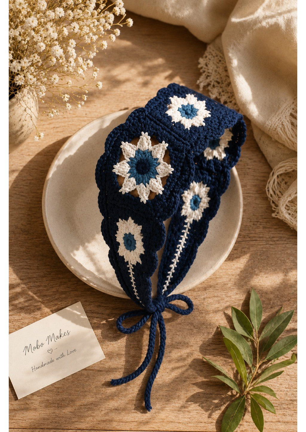 Handmade Crochet Granny Square Headband – Boho Knit Flower Hair Bandana