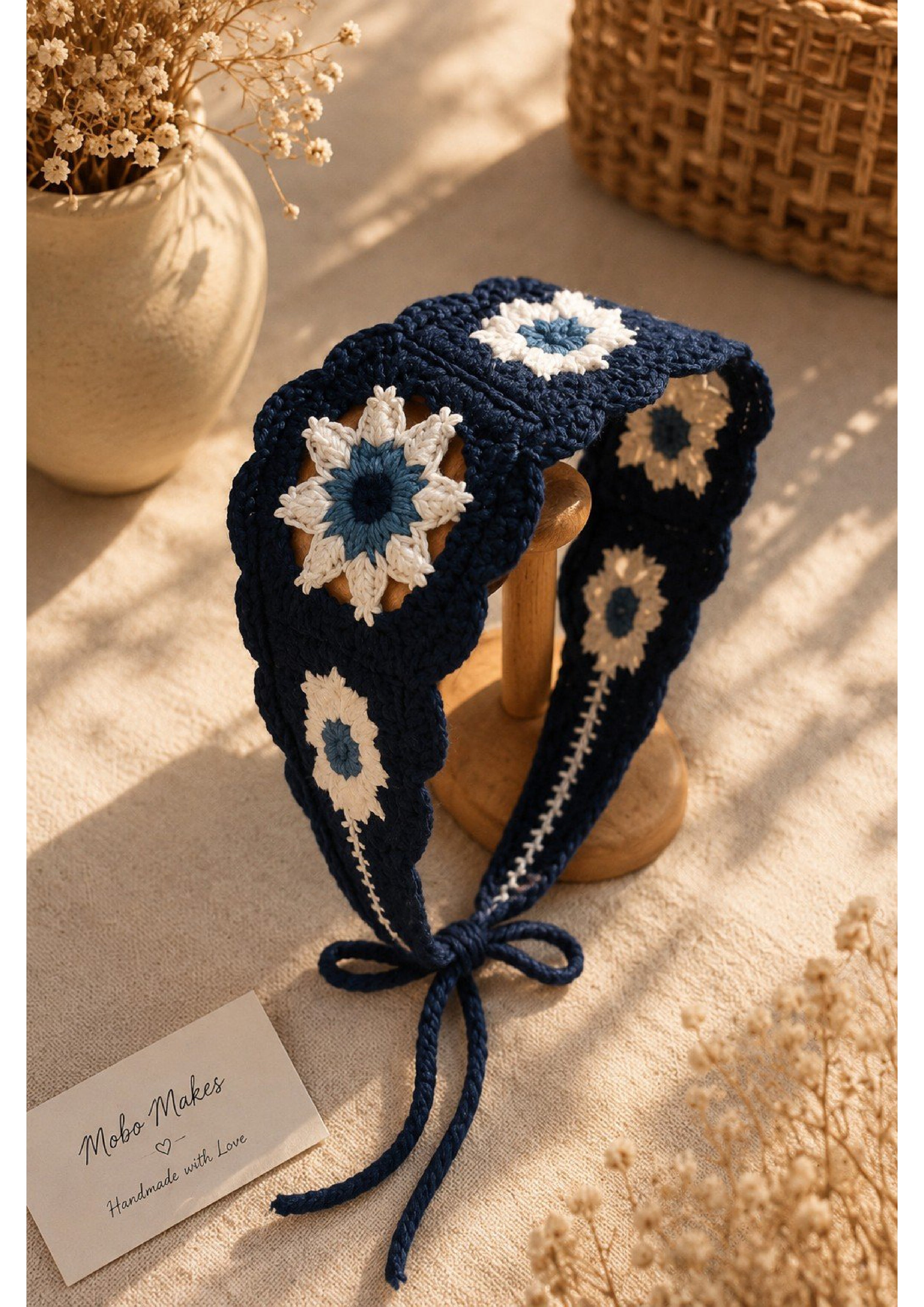 Handmade Crochet Granny Square Headband – Boho Knit Flower Hair Bandana