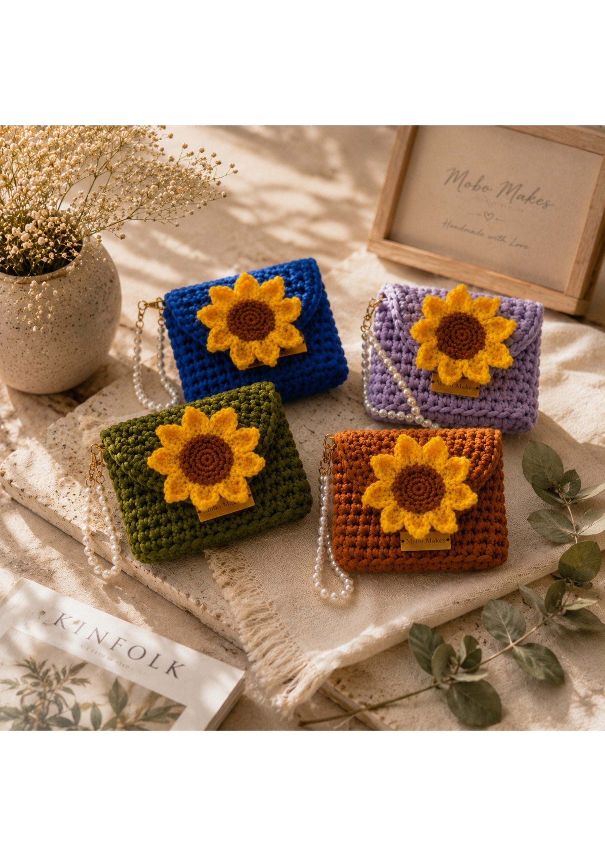 Handmade Crochet Sunflower Pouch Bag (Pack of 3) – Knit Floral Coin Purse Set