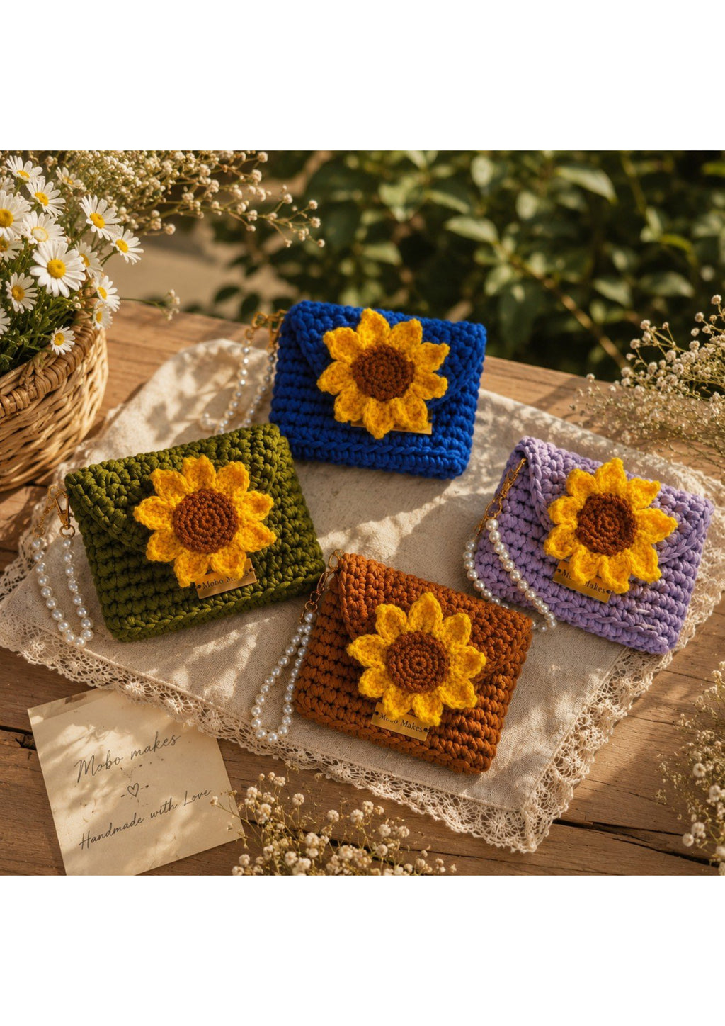 Handmade Crochet Sunflower Pouch Bag (Pack of 3) – Knit Floral Coin Purse Set