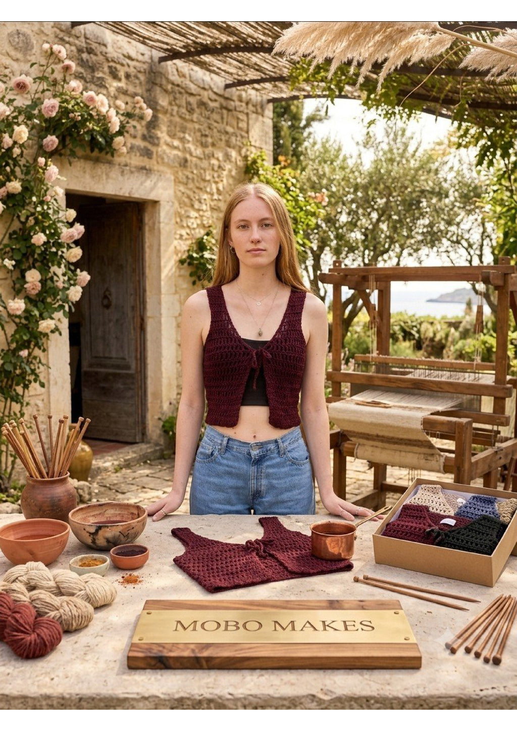 Handmade Crochet Tie-Front Vest – Burgundy Crop Waistcoat Top | Mobo Makes