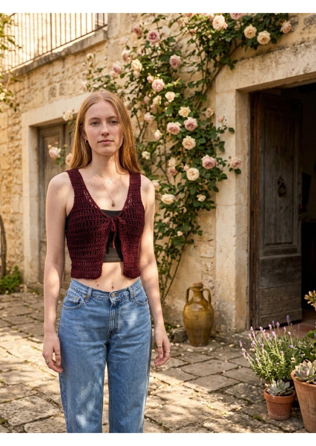 Handmade Crochet Tie-Front Vest – Burgundy Crop Waistcoat Top | Mobo Makes