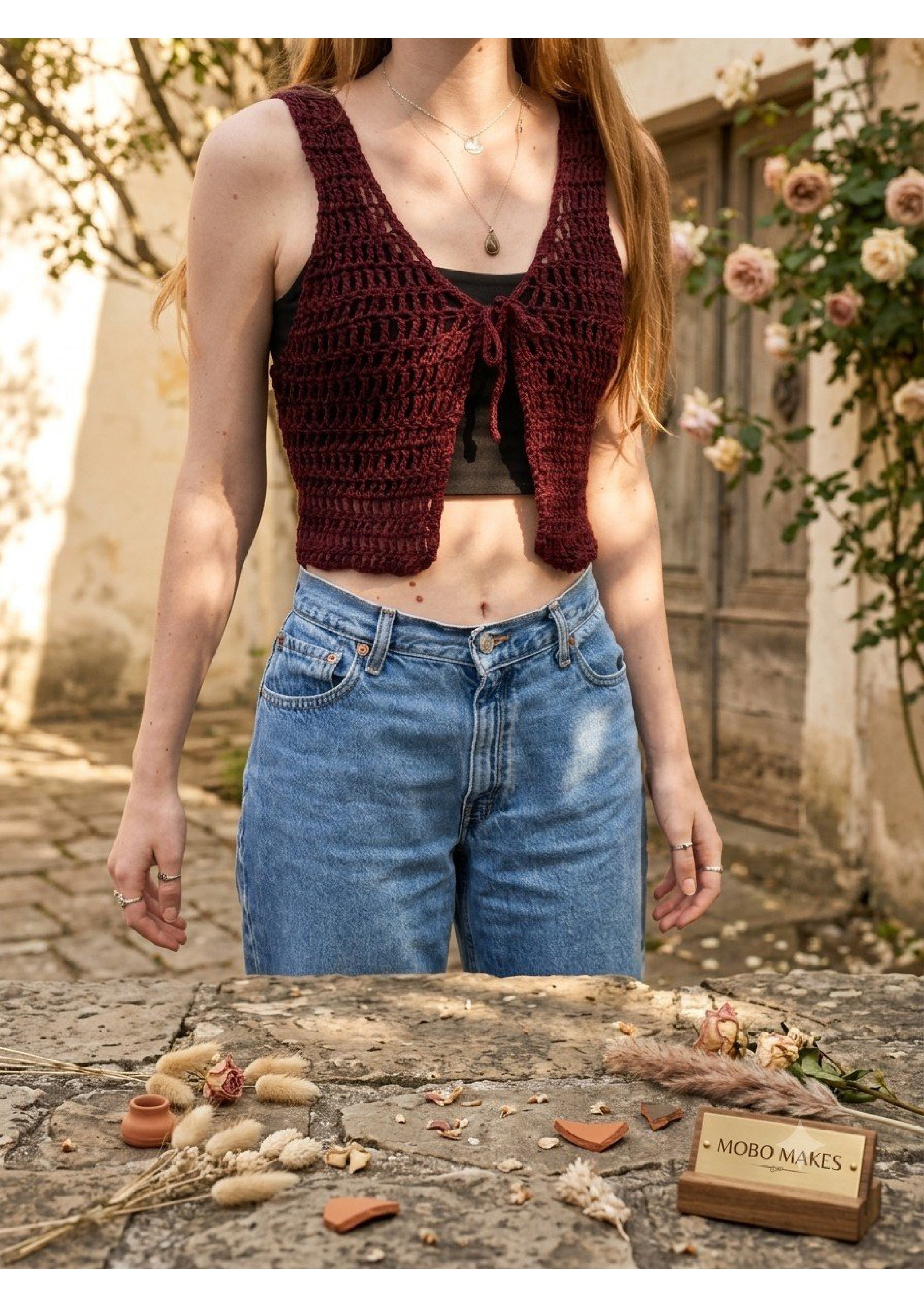 Handmade Crochet Tie-Front Vest – Burgundy Crop Waistcoat Top | Mobo Makes