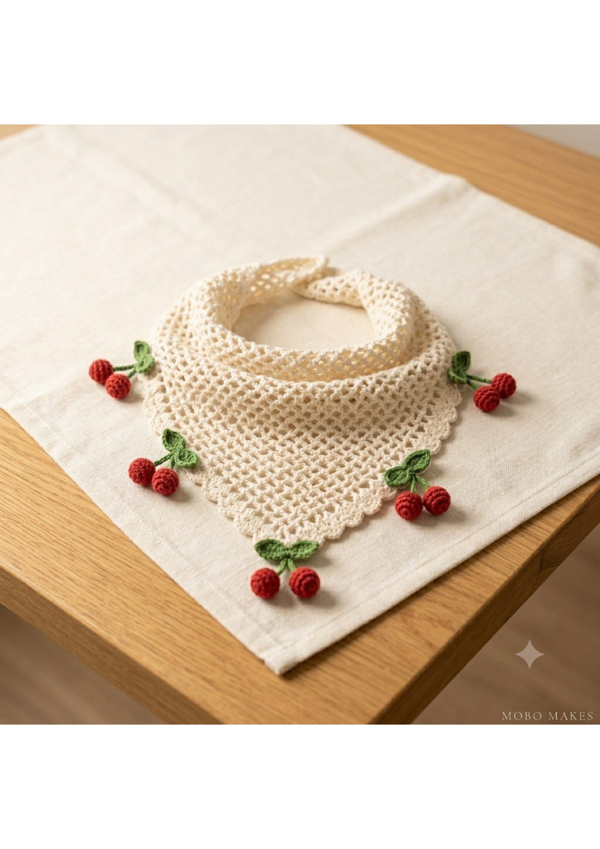 Handmade Crochet Cherry Bandana – Cottagecore Open-Weave Hair Scarf | Mobo Makes