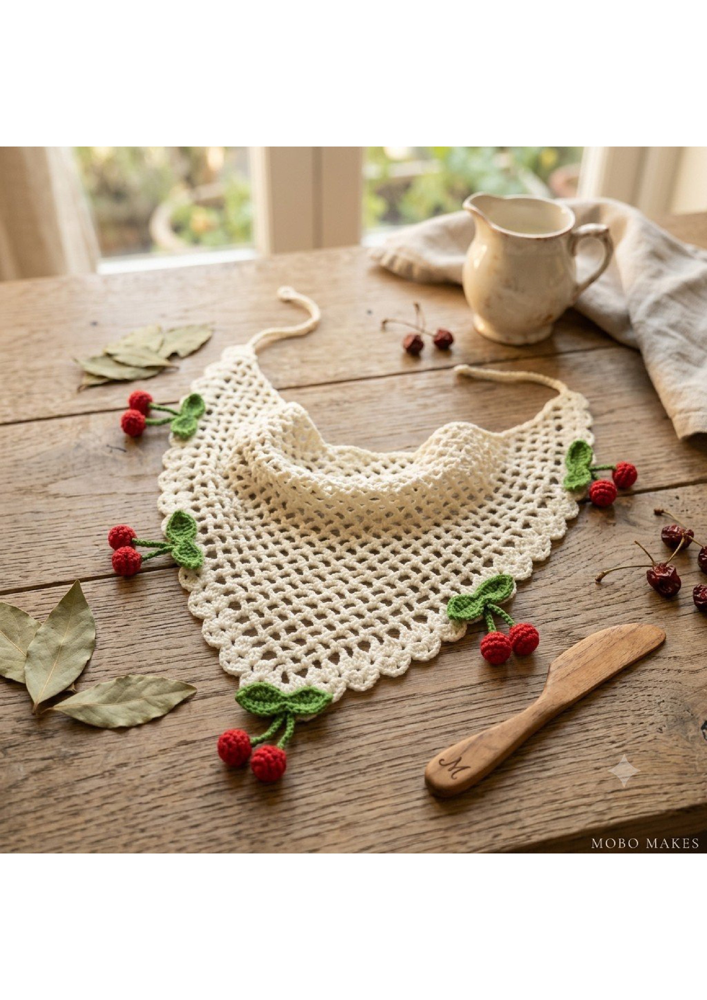 Handmade Crochet Cherry Bandana – Cottagecore Open-Weave Hair Scarf | Mobo Makes