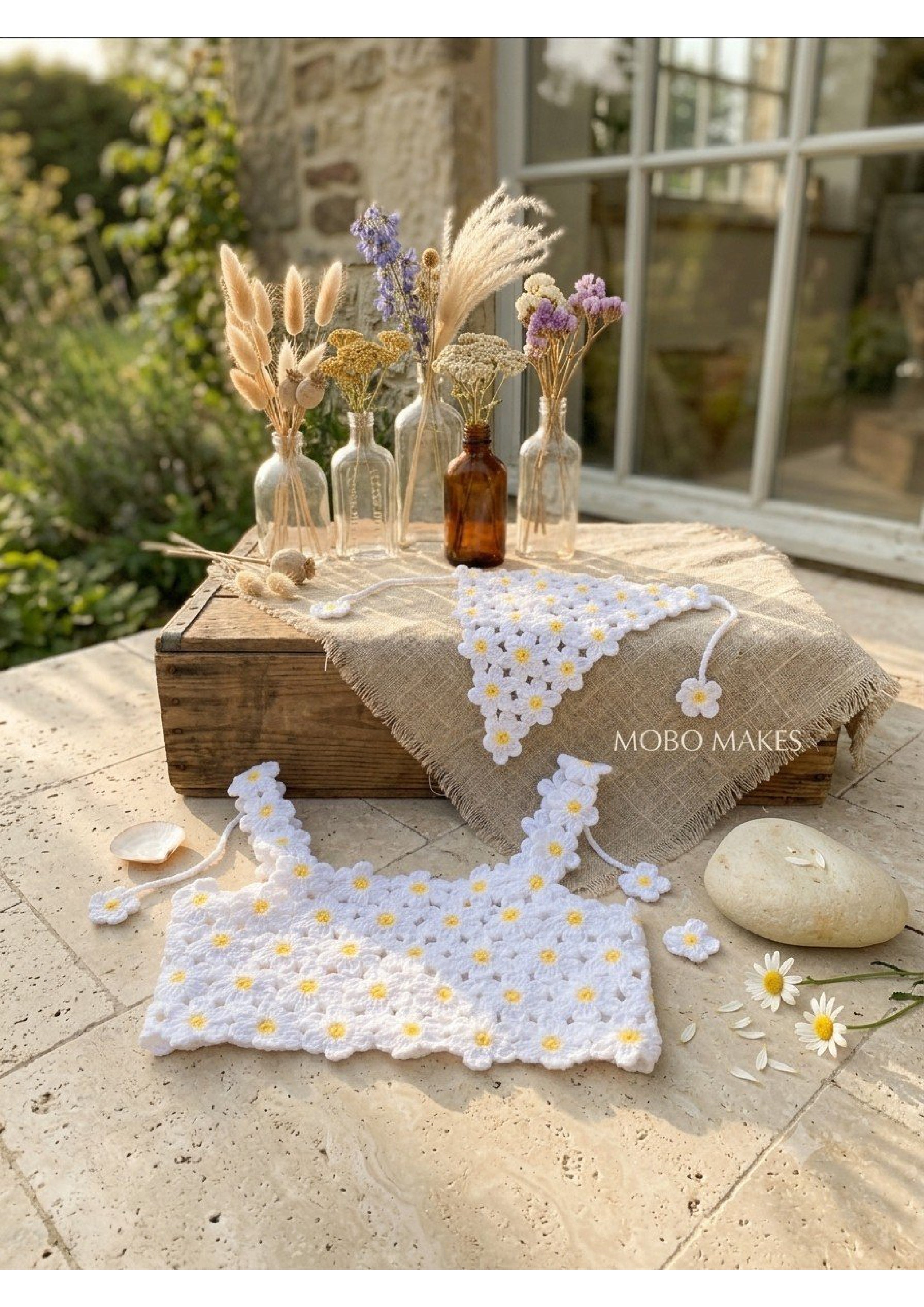 Handmade Crochet Daisy Crop Top & Bandana Set – Cottagecore Floral Two-Piece | Mobo Makes