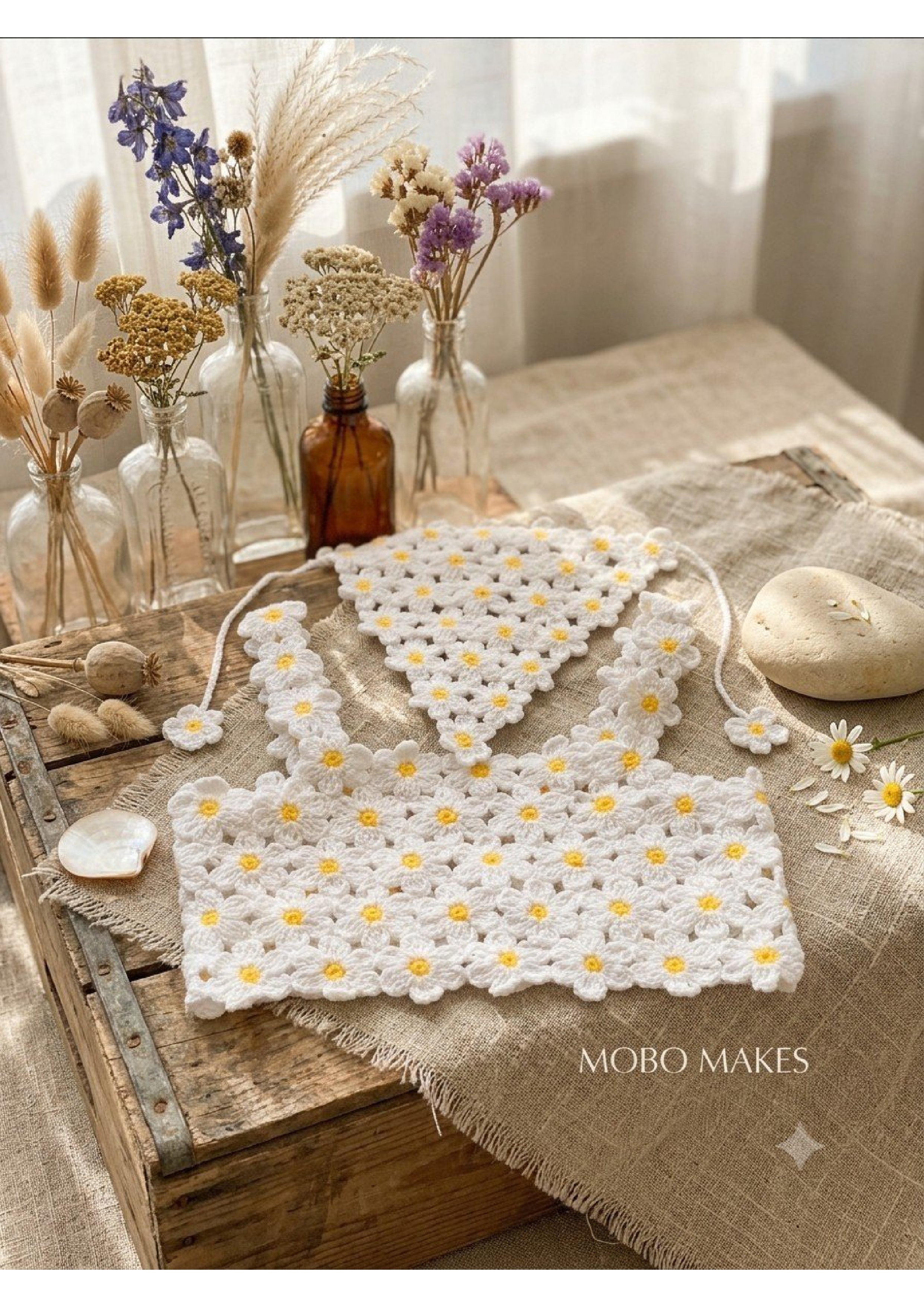 Handmade Crochet Daisy Crop Top & Bandana Set – Cottagecore Floral Two-Piece | Mobo Makes