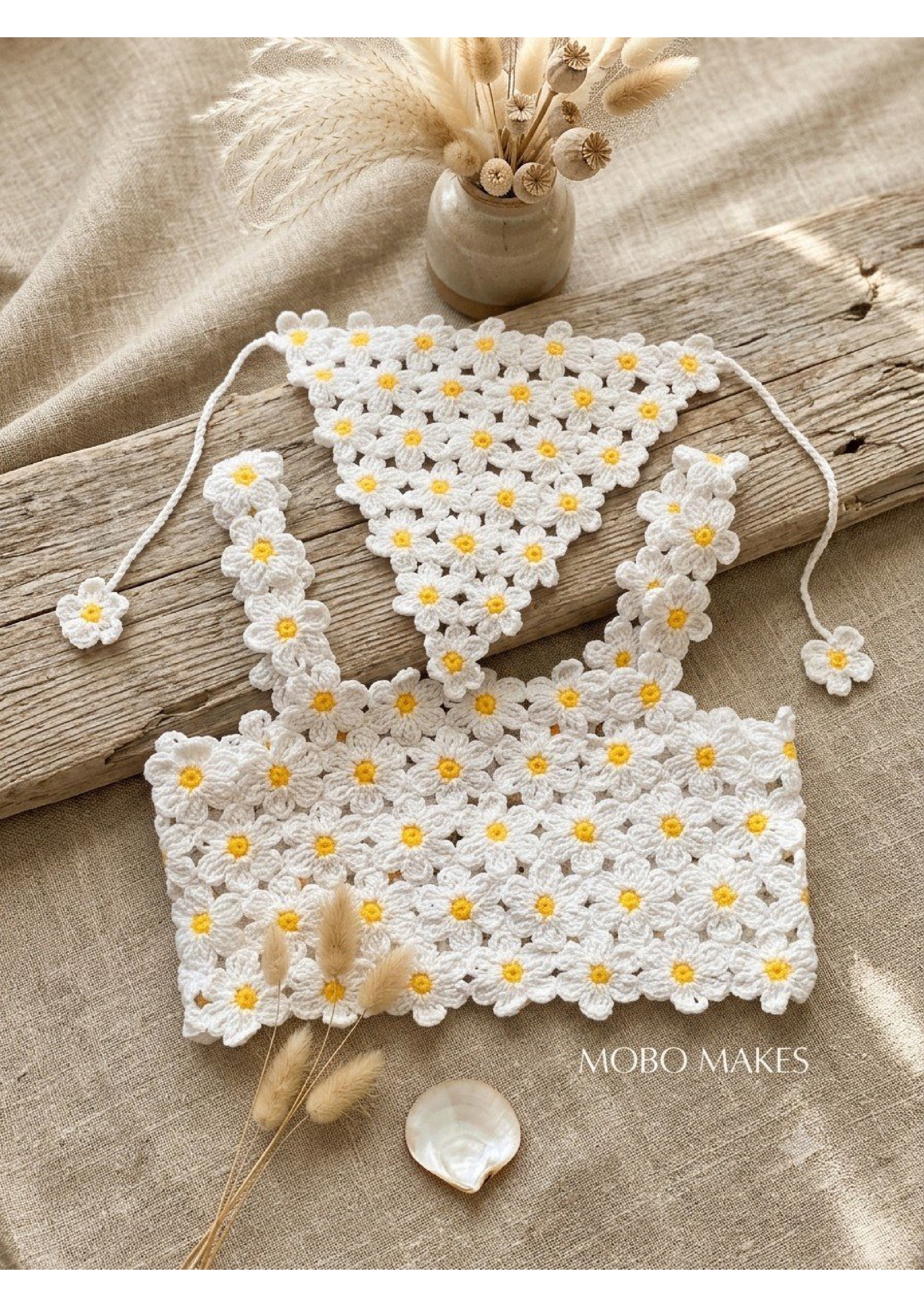 Handmade Crochet Daisy Crop Top & Bandana Set – Cottagecore Floral Two-Piece | Mobo Makes