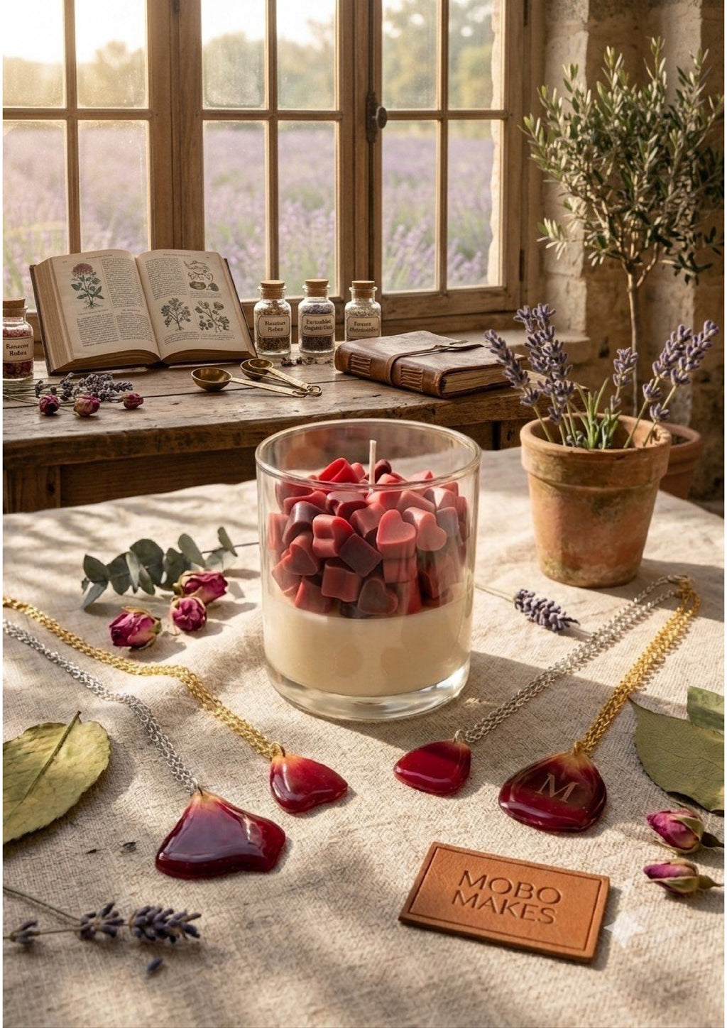 Heart Embed Soy Candle – Luxury Strawberry & Rose Wax Melt Jar | Mobo Makes