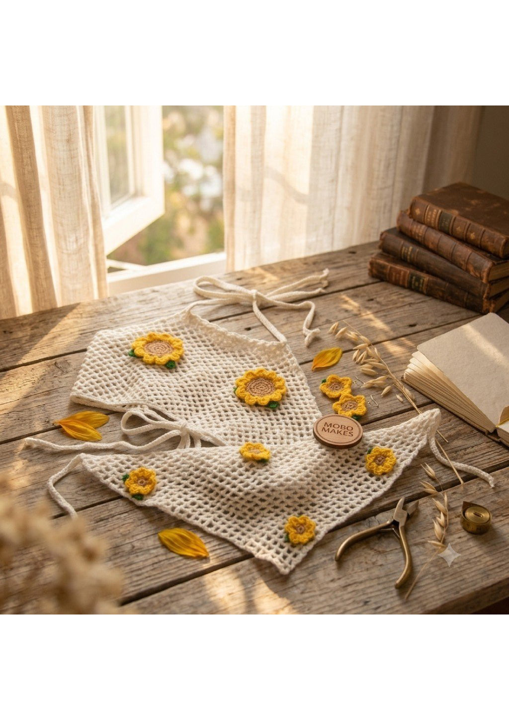 Handmade Crochet Sunflower Halter Top & Bandana Set – Boho Mesh Festival Two-Piece | Mobo Makes