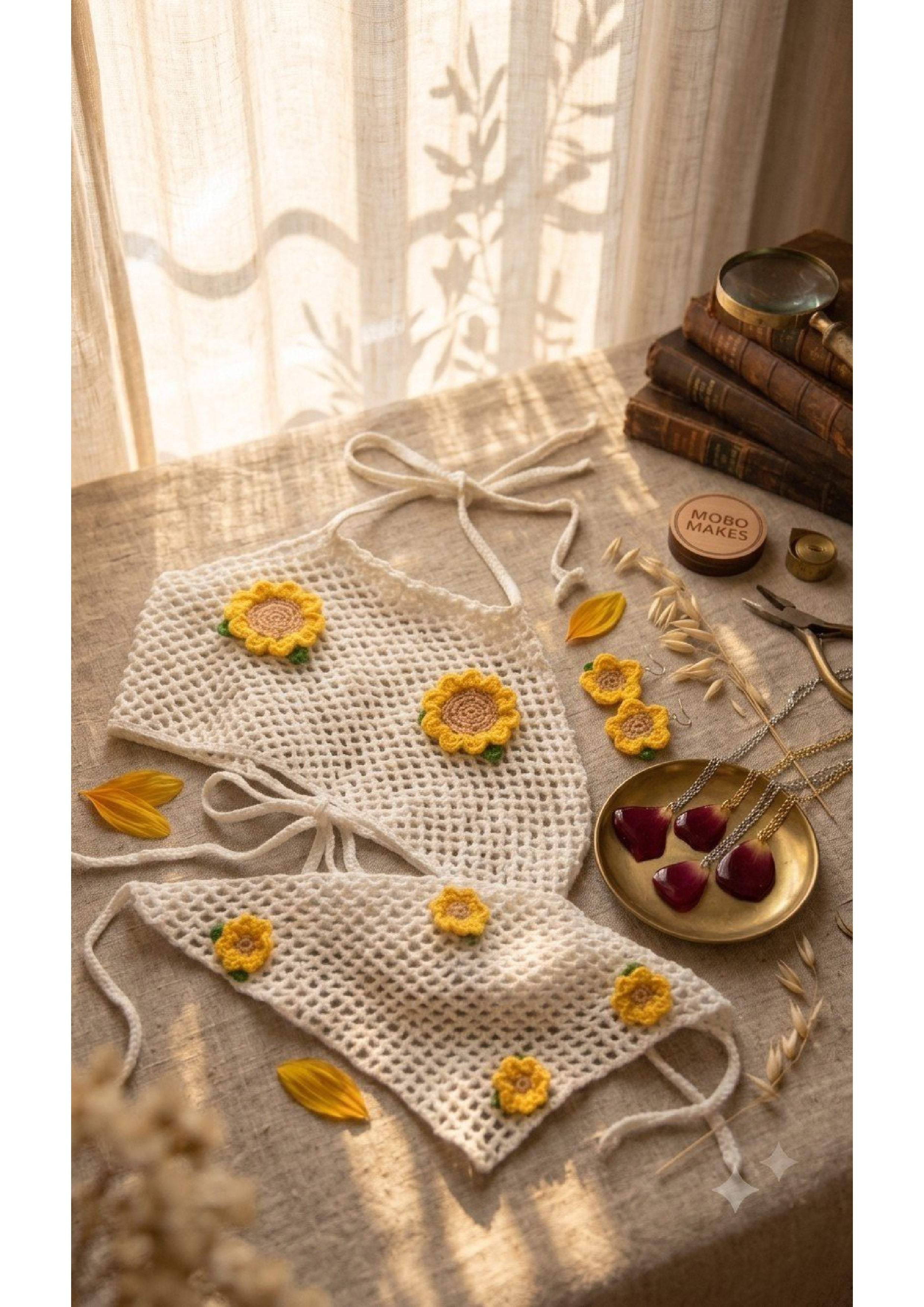 Handmade Crochet Sunflower Halter Top & Bandana Set – Boho Mesh Festival Two-Piece | Mobo Makes
