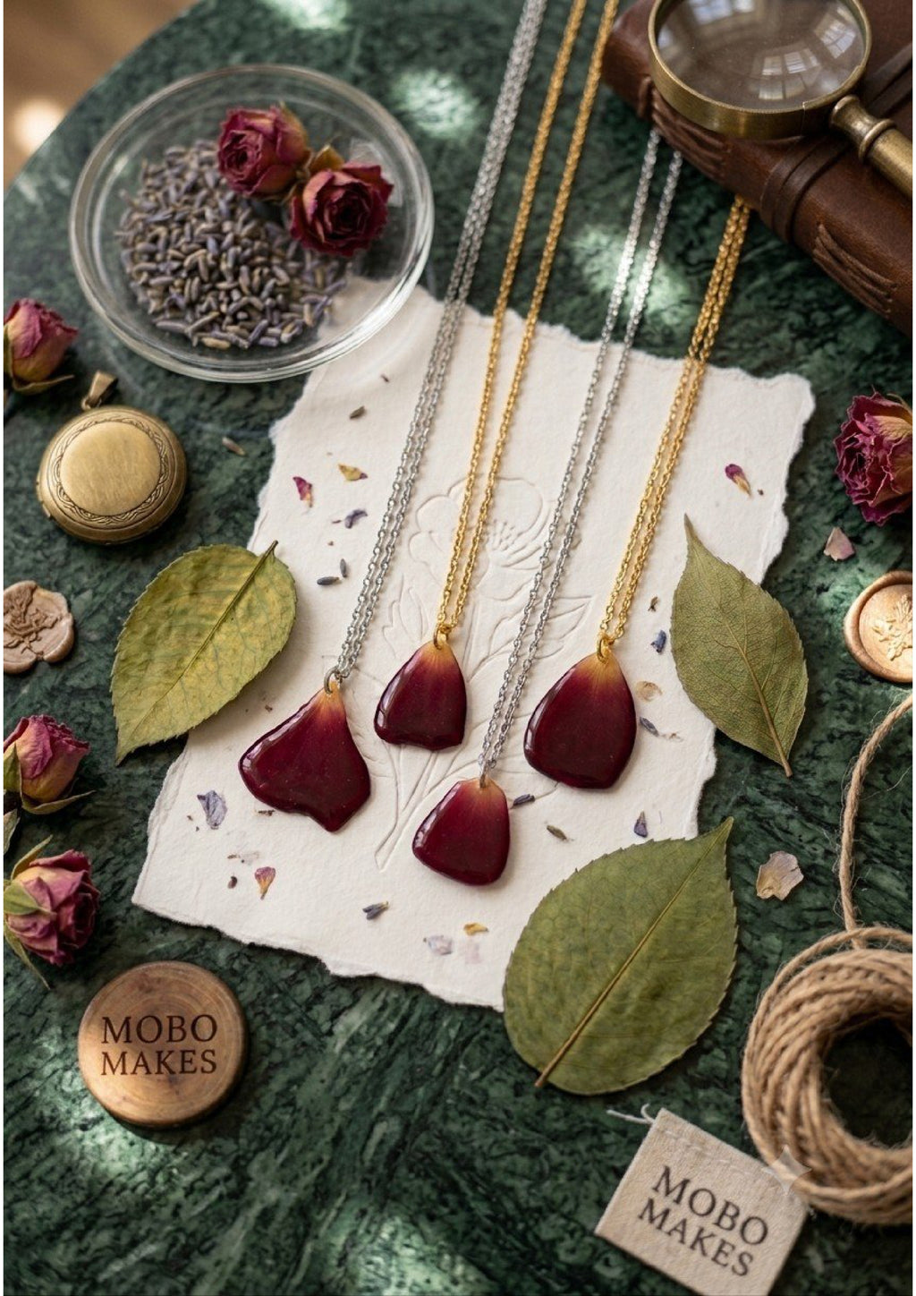 Pressed Rose Petal Pendant – Handmade Botanical Resin Necklace | Mobo Makes