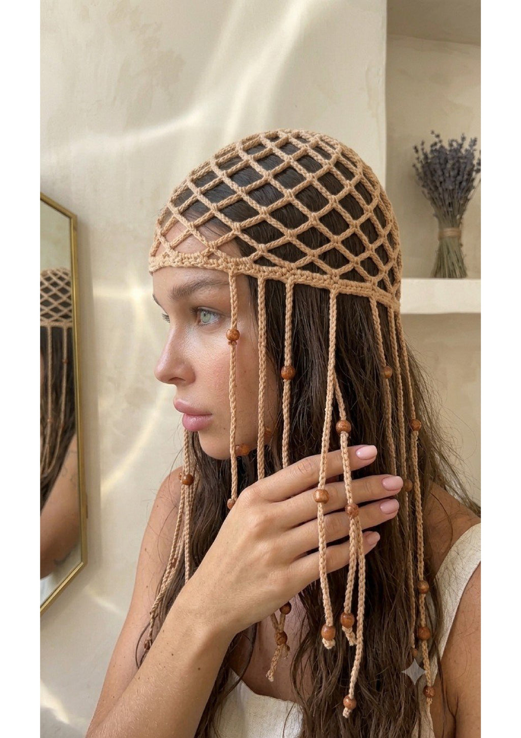 Handmade Crochet Net Headband Scarf – Beige Festival Hair Net with Draping Tassels
