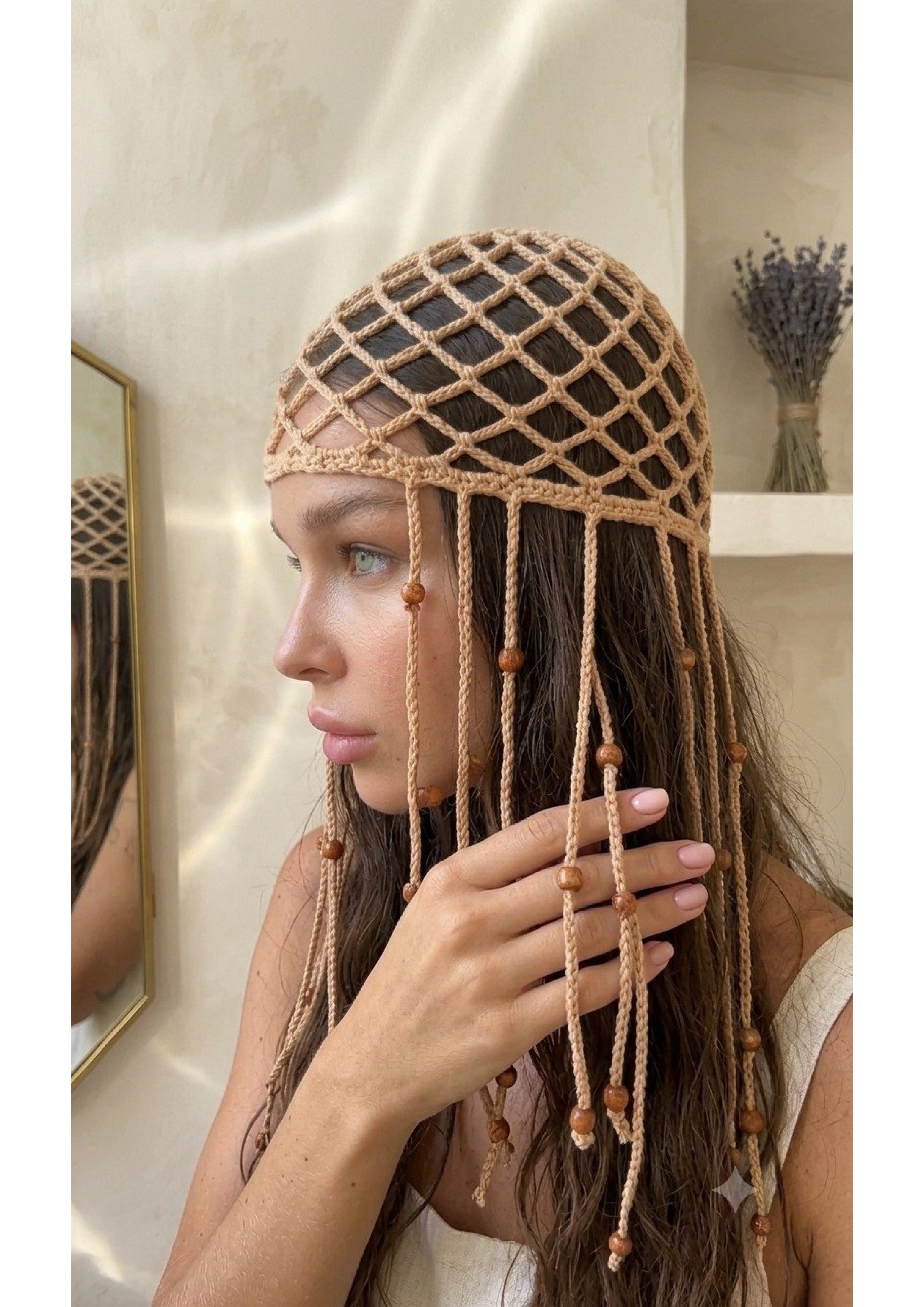Handmade Crochet Net Headband Scarf – Beige Festival Hair Net with Draping Tassels