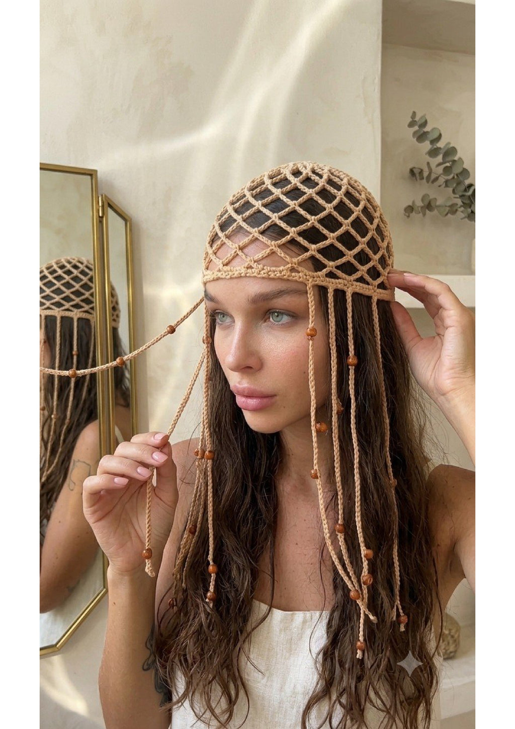 Handmade Crochet Net Headband Scarf – Beige Festival Hair Net with Draping Tassels