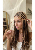 Handmade Crochet Net Headband Scarf – Beige Festival Hair Net with Draping Tassels