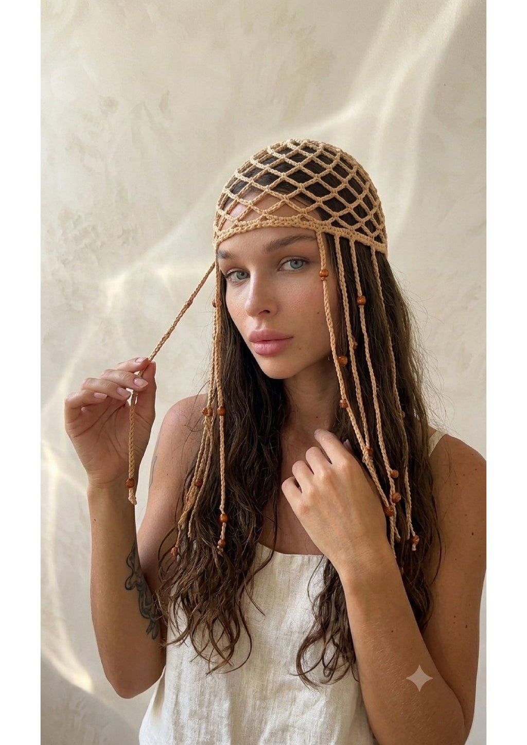 Handmade Crochet Net Headband Scarf – Beige Festival Hair Net with Draping Tassels