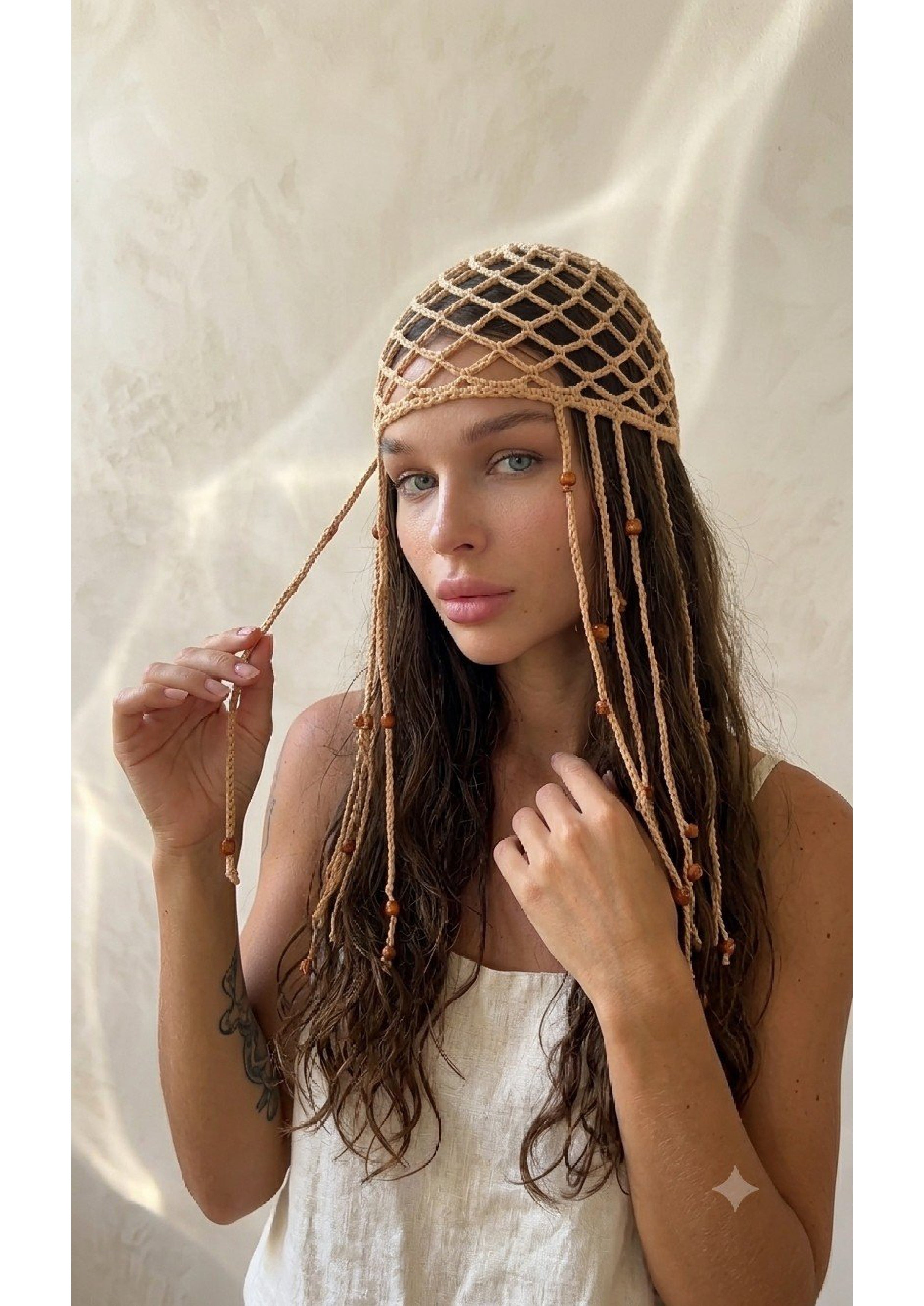 Handmade Crochet Net Headband Scarf – Beige Festival Hair Net with Draping Tassels