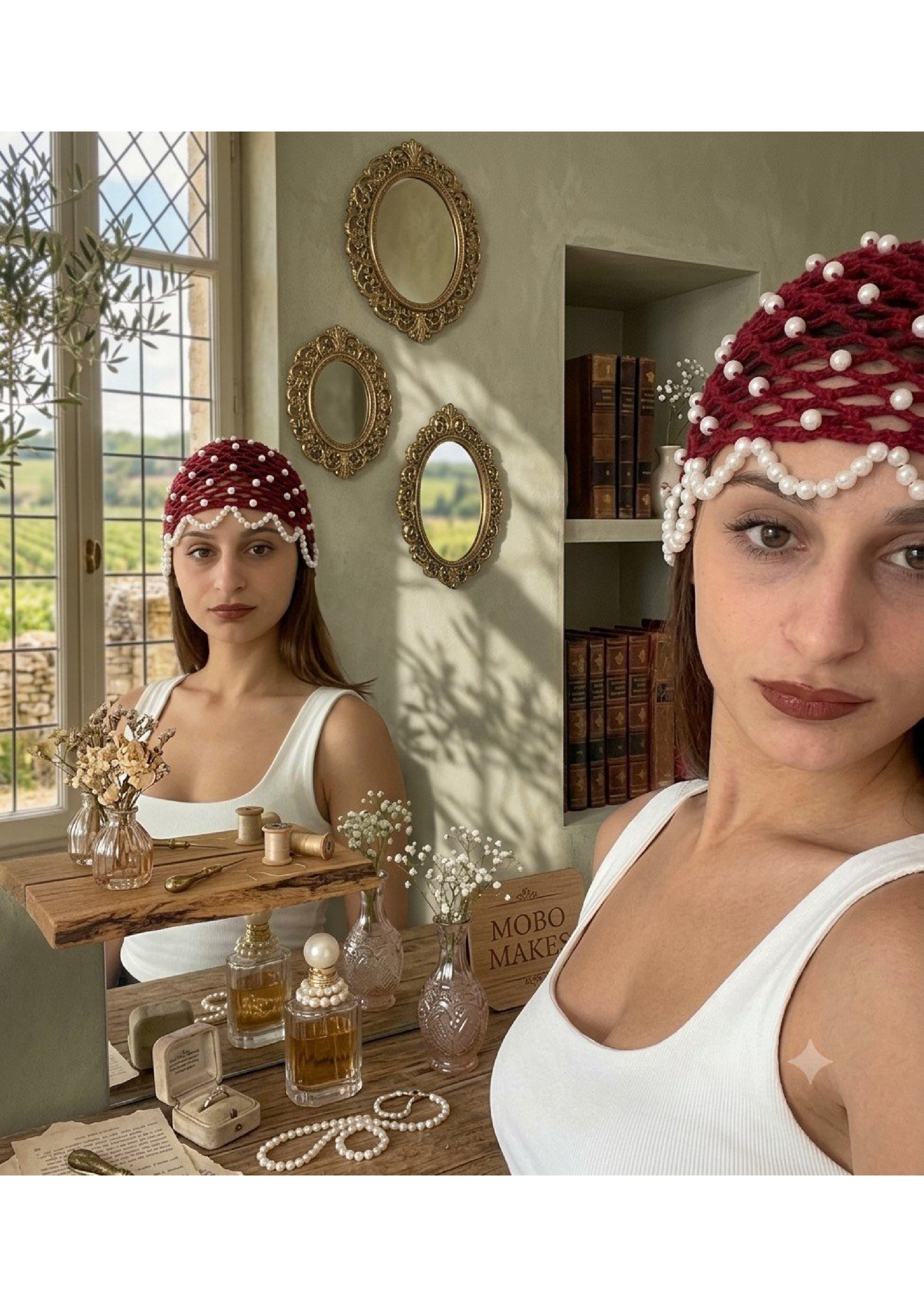 Pearl Embellished Crochet Hair Cap – Burgundy Vintage Mesh Headpiece | Mobo Makes
