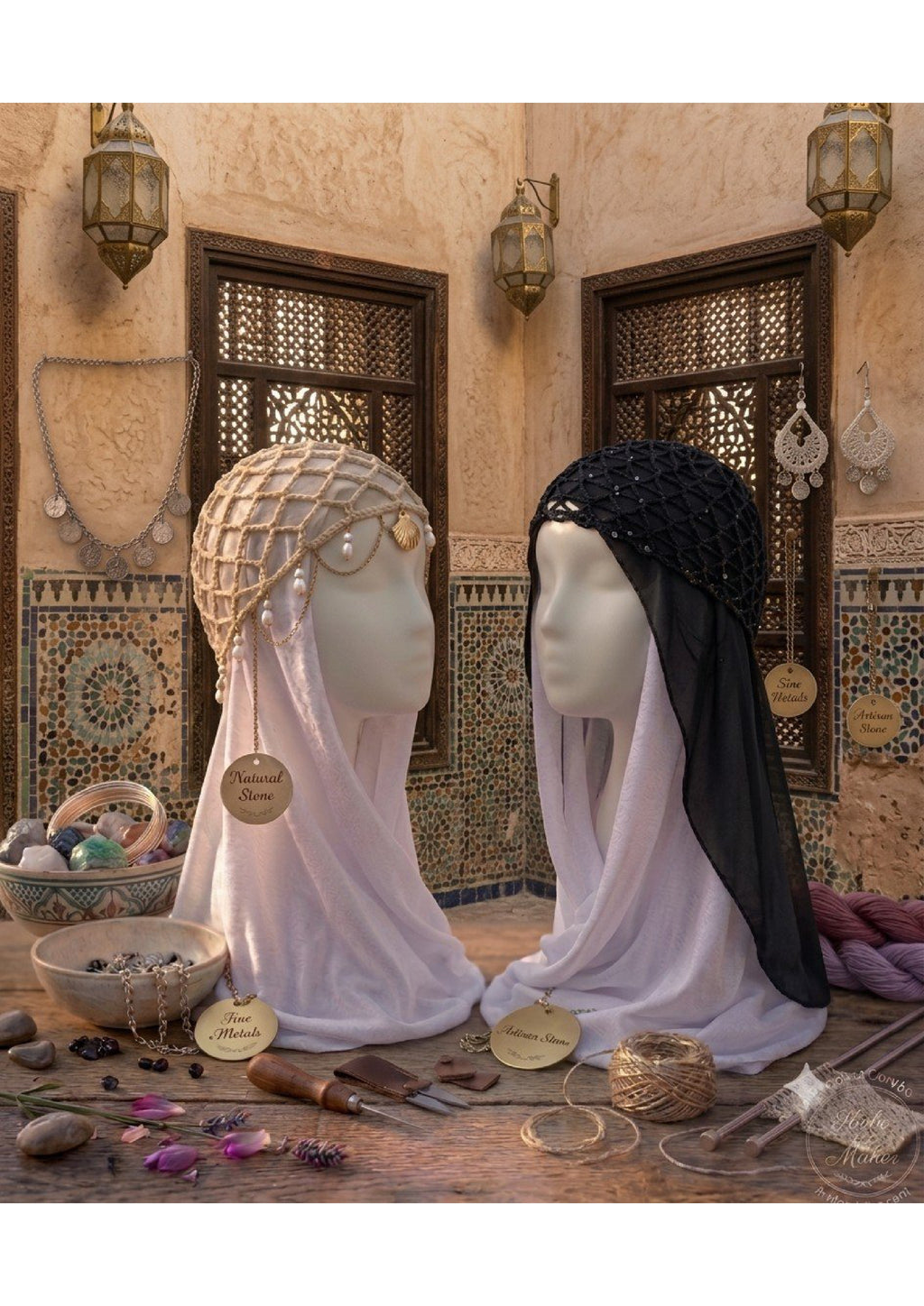 Handmade Crochet Hijab Accessory Cap – Jeweled Net Bonnet with Draping Gold Chains