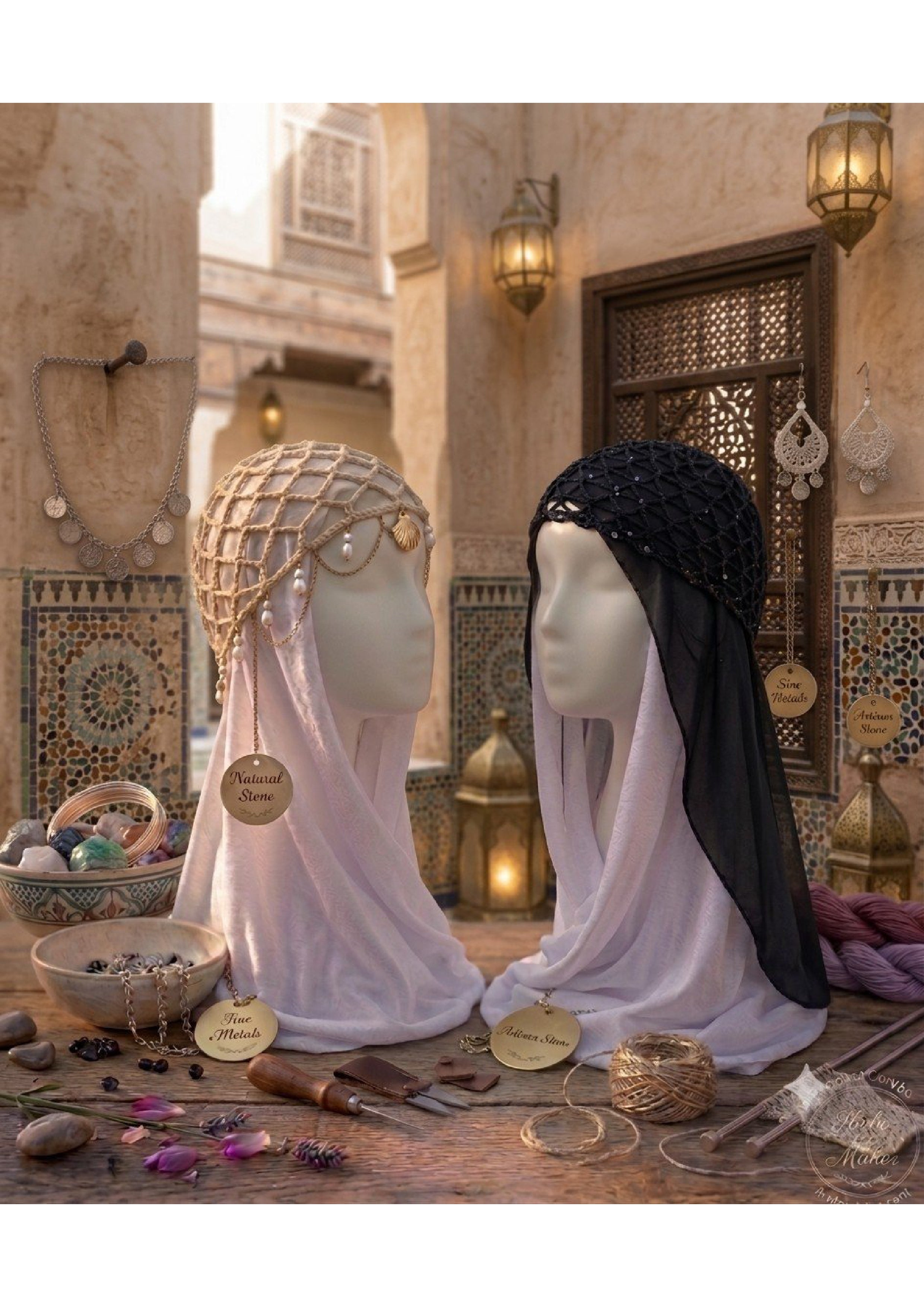 Handmade Crochet Hijab Accessory Cap – Jeweled Net Bonnet with Draping Gold Chains