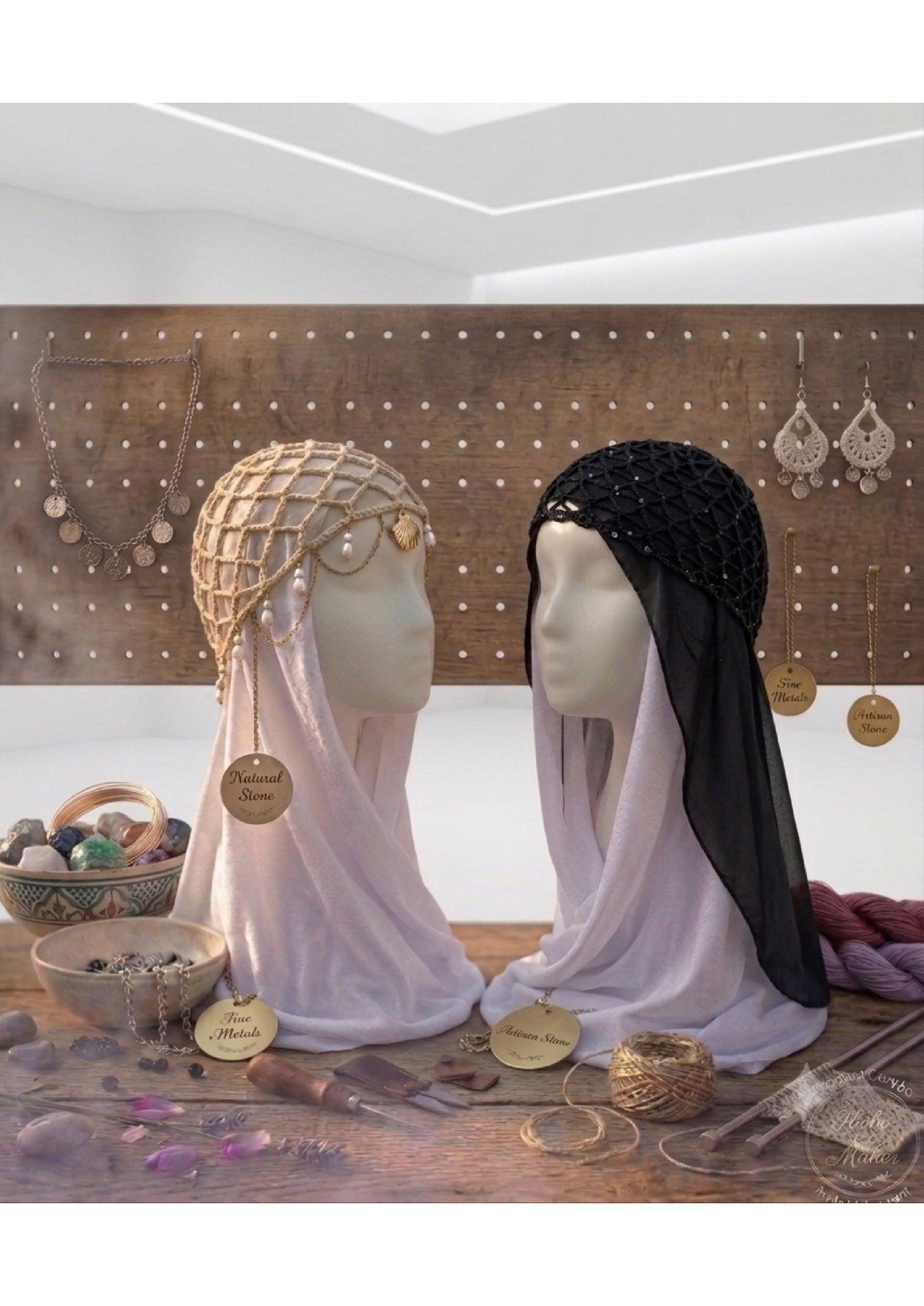 Handmade Crochet Hijab Accessory Cap – Jeweled Net Bonnet with Draping Gold Chains