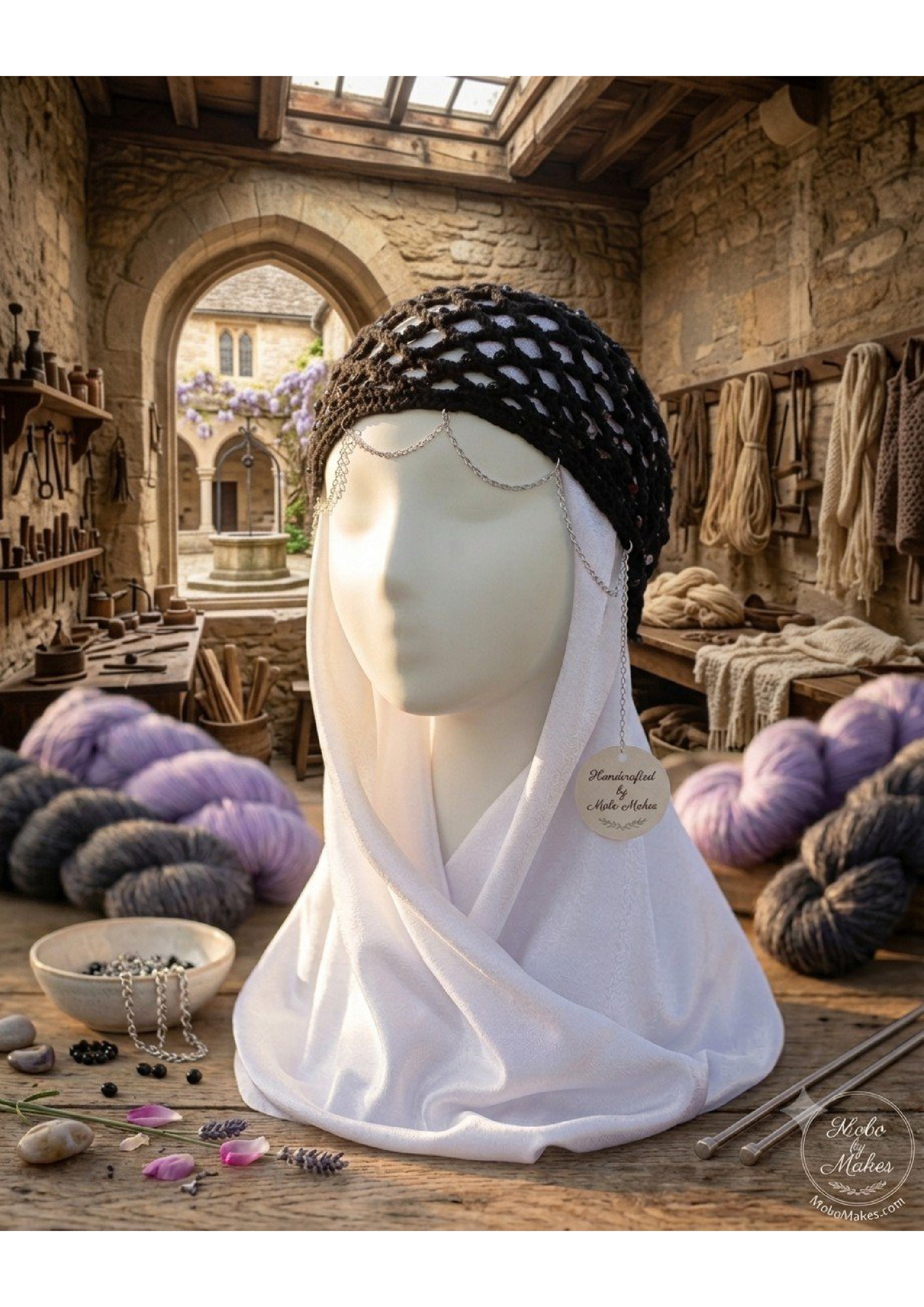 Handmade Black Crochet Hijab Accessory – Glitzy Beaded Hair Net with Forehead Swag Chain
