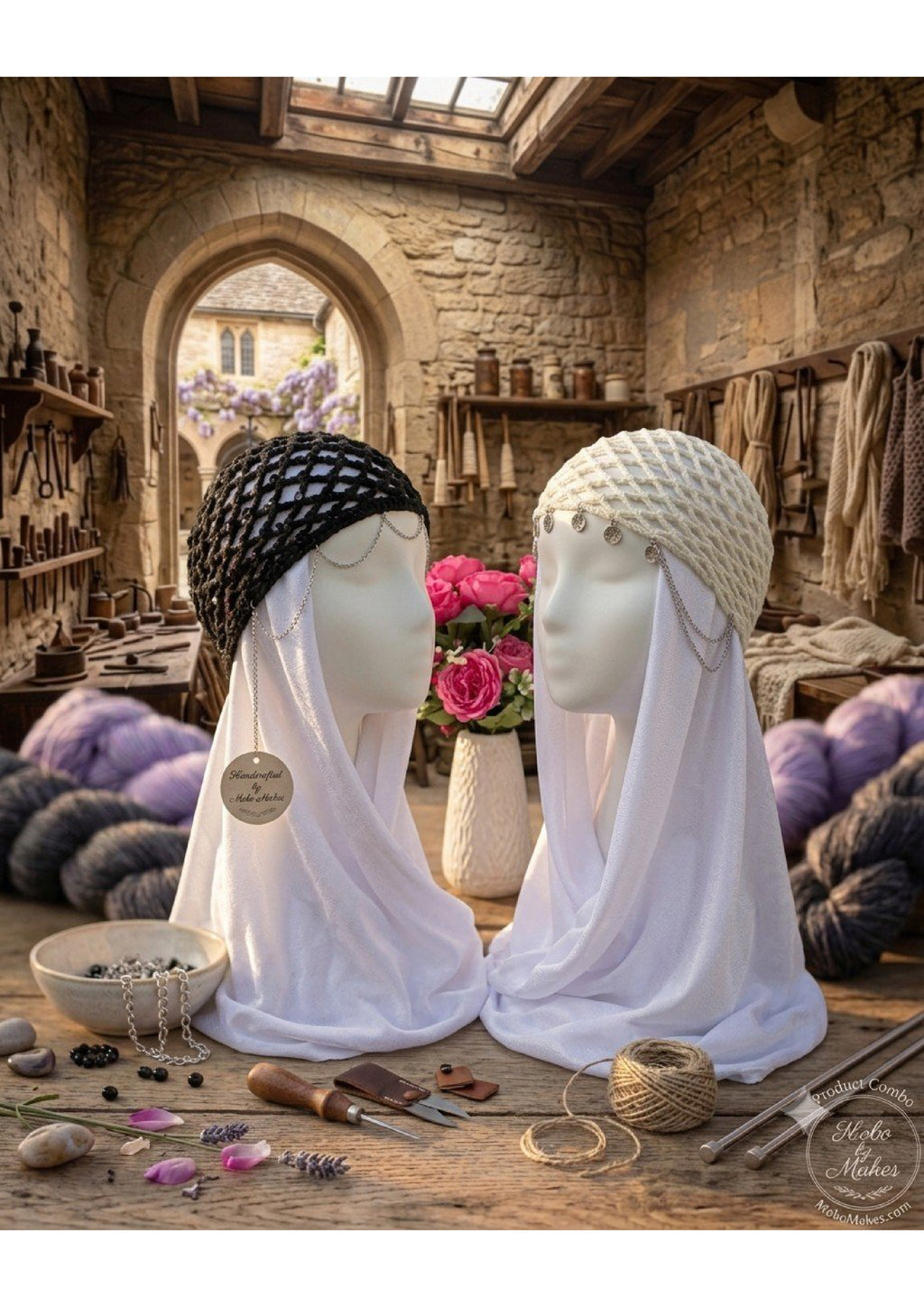 Handmade Net Cap Hijab Layering Accessory – Double Chain Draped Festival Hair Net
