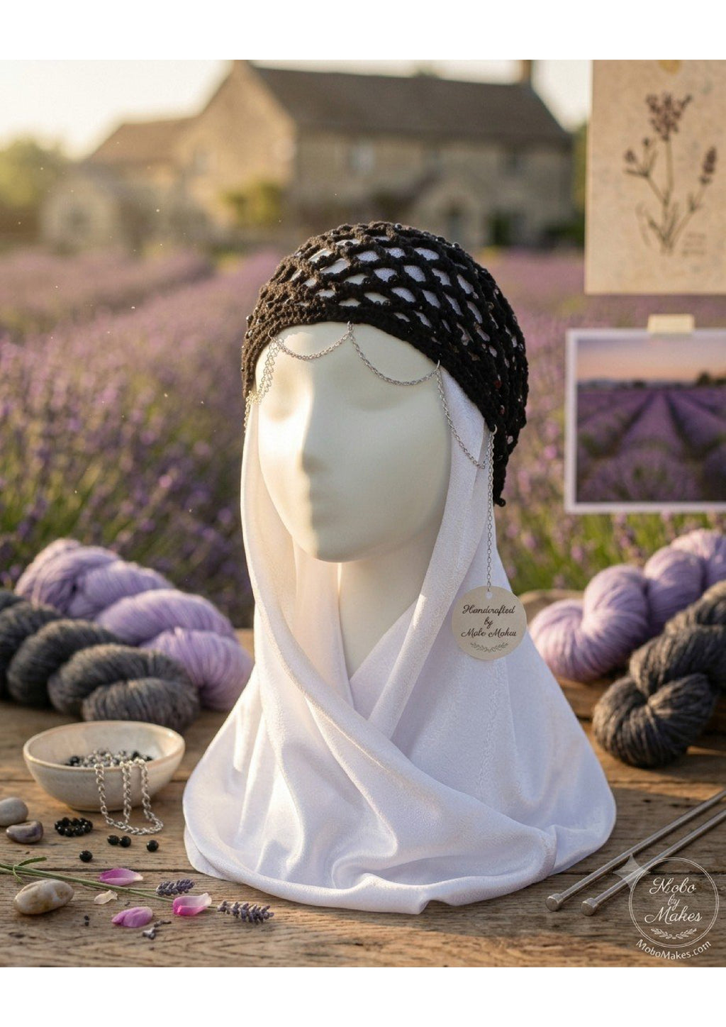 Handmade Black Crochet Hijab Accessory – Glitzy Beaded Hair Net with Forehead Swag Chain