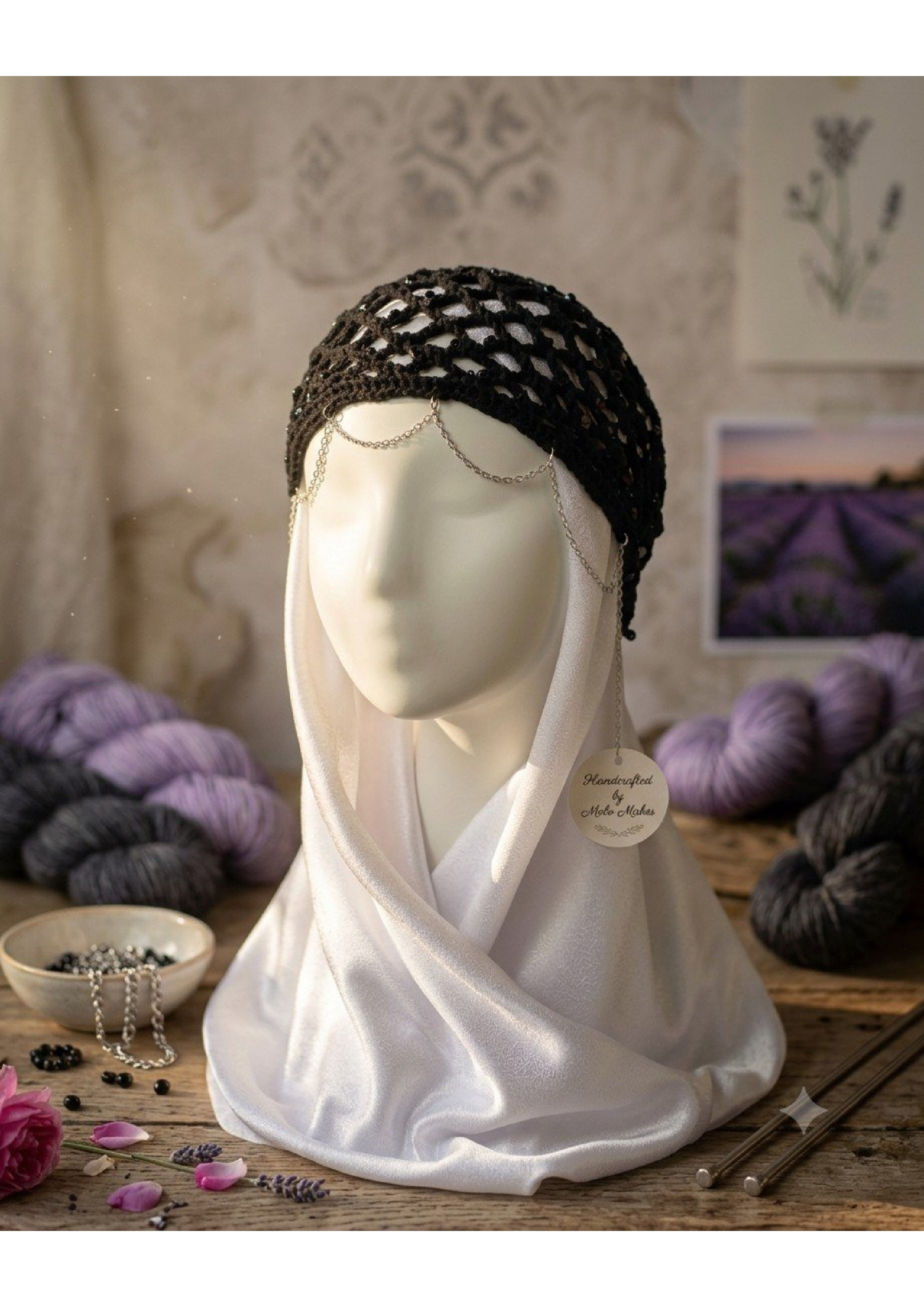 Handmade Black Crochet Hijab Accessory – Glitzy Beaded Hair Net with Forehead Swag Chain