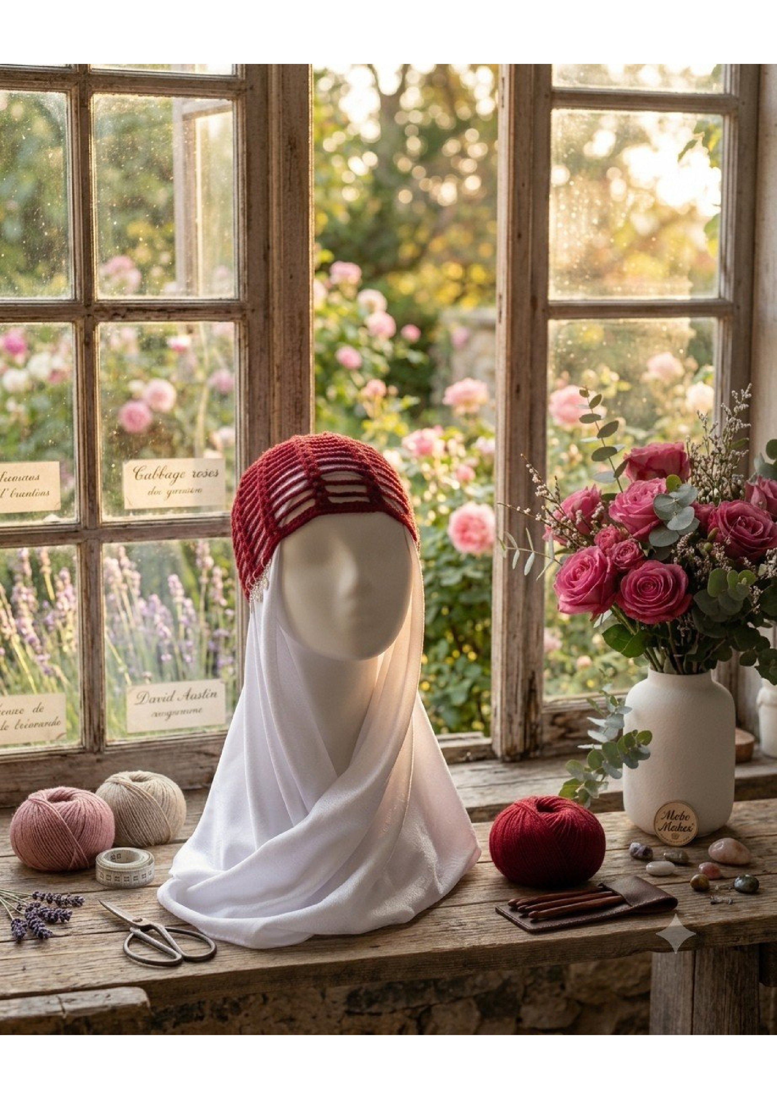 Handmade Crimson Red Knit Hair Net – Open Work Vintage Style Cottagecore Bonnet
