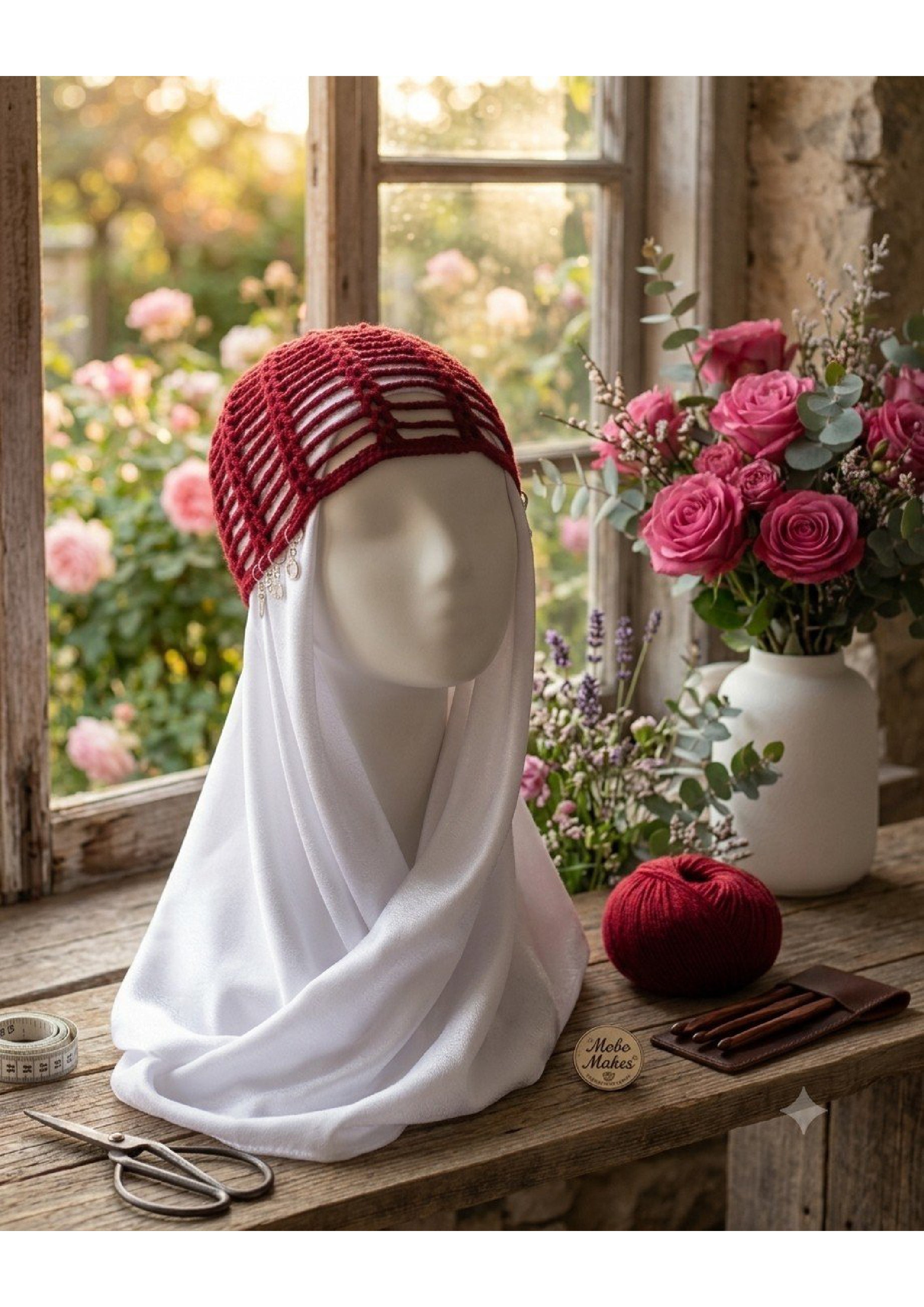 Handmade Crimson Red Knit Hair Net – Open Work Vintage Style Cottagecore Bonnet