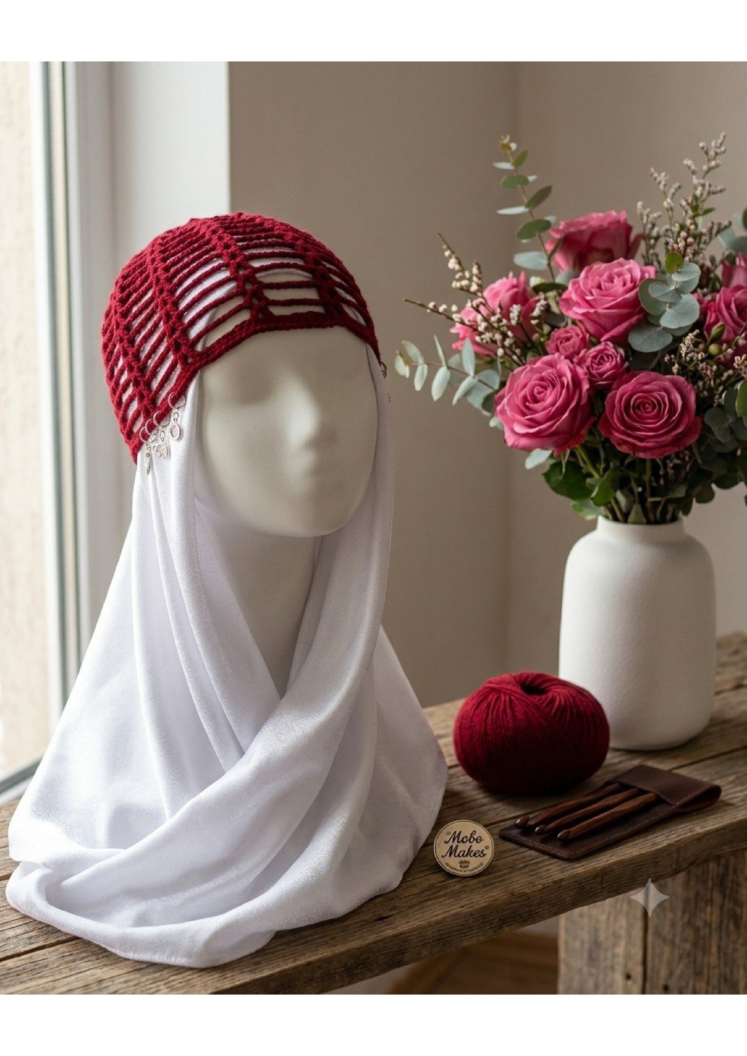 Handmade Crimson Red Knit Hair Net – Open Work Vintage Style Cottagecore Bonnet