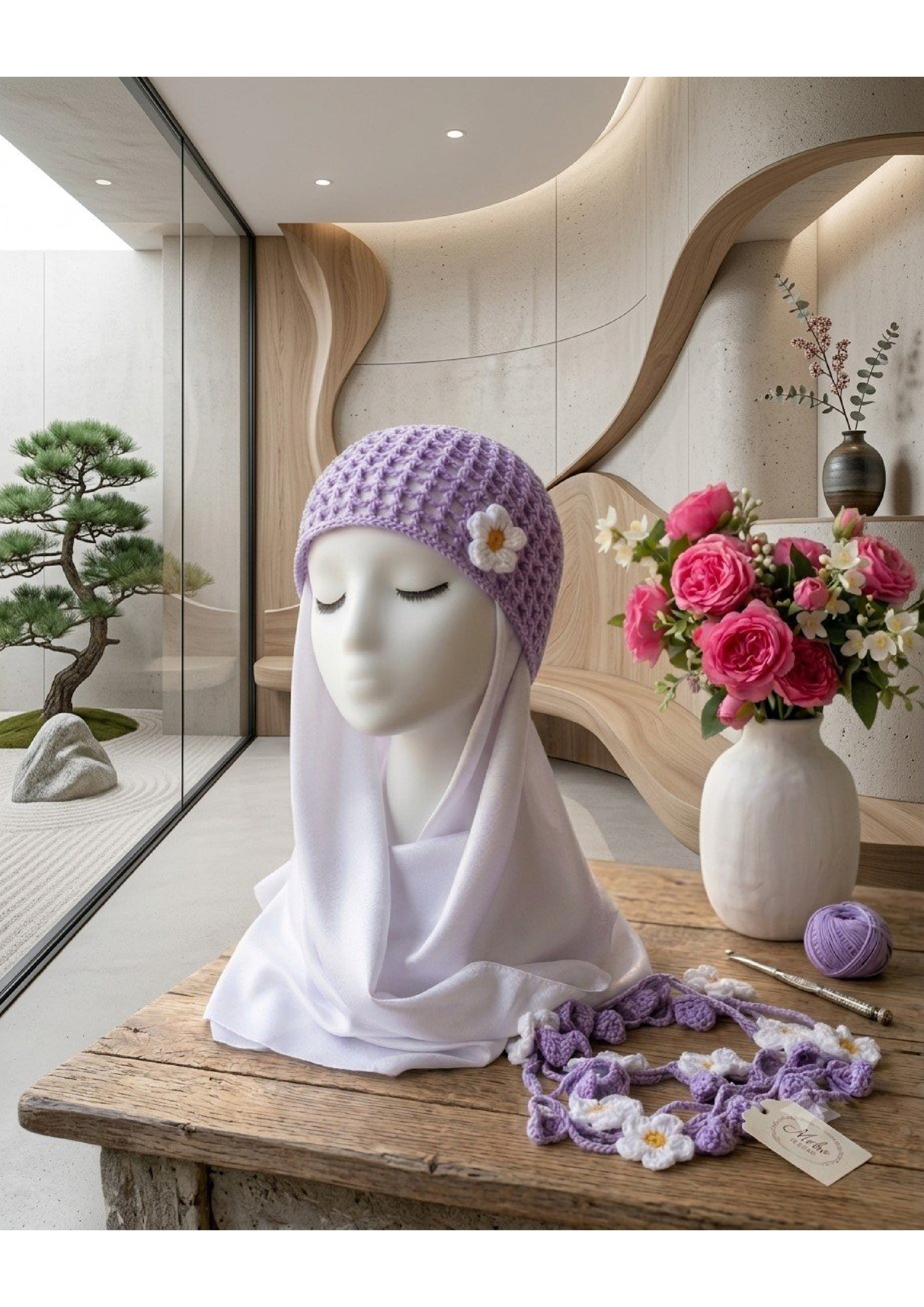 Handmade Pastel Purple Mesh Hair Net – Coquette Daisy Flower Knit Cap