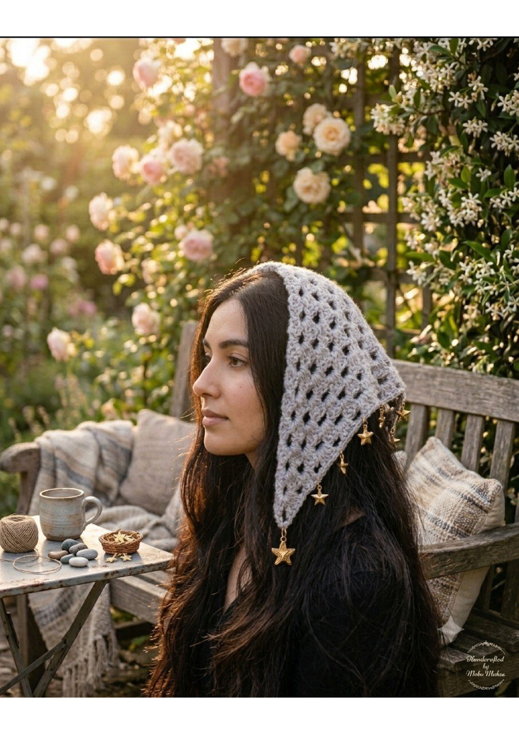 Handmade Granny Stitch Hair Bandana – Whimsigoth Grey Head Scarf with Draping Star Charms