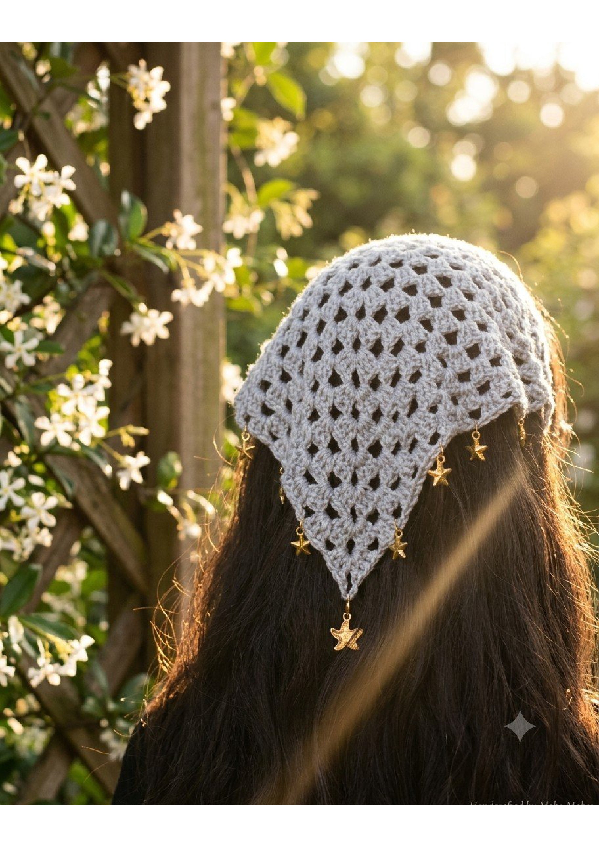 Handmade Granny Stitch Hair Bandana – Whimsigoth Grey Head Scarf with Draping Star Charms