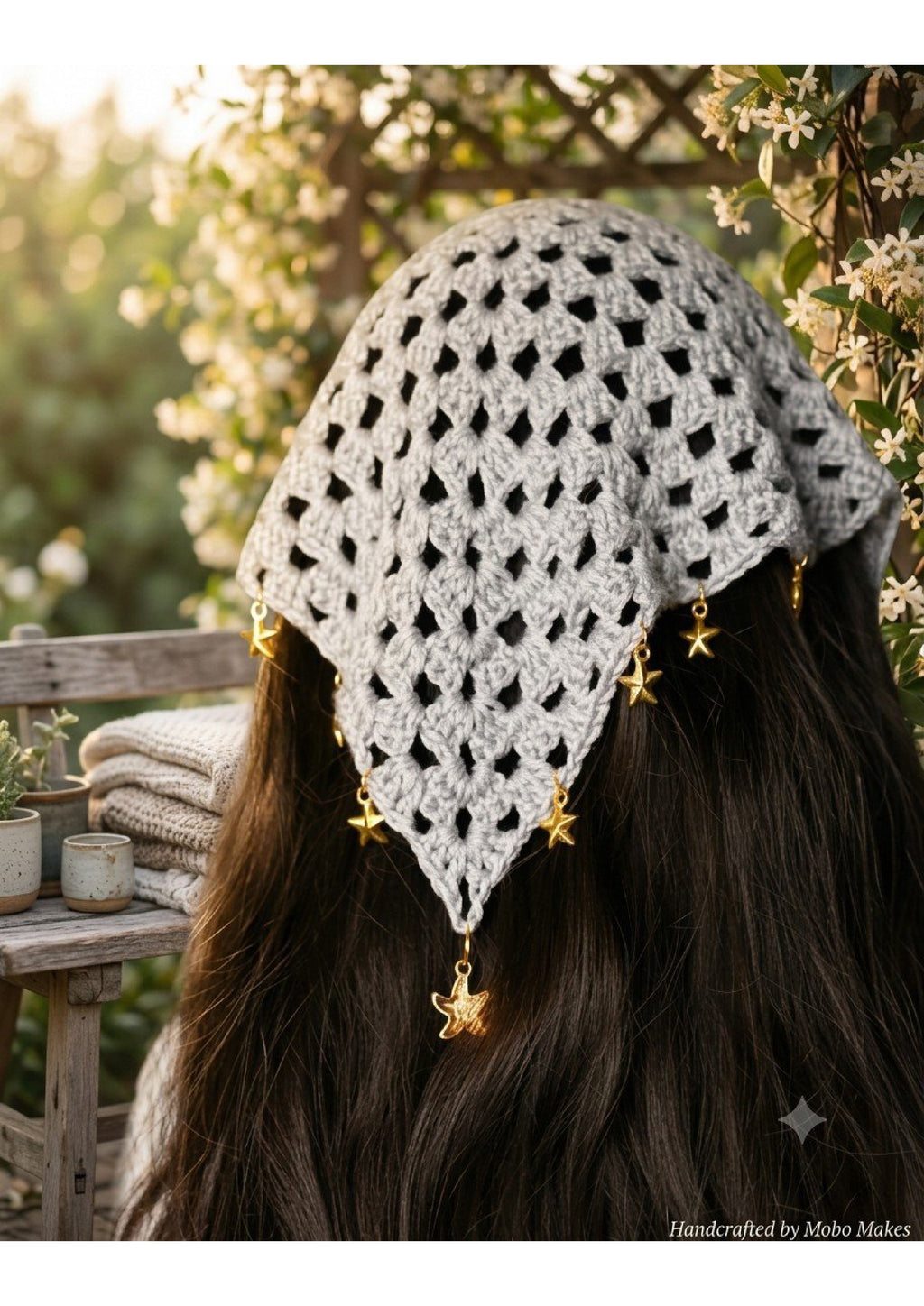 Handmade Granny Stitch Hair Bandana – Whimsigoth Grey Head Scarf with Draping Star Charms