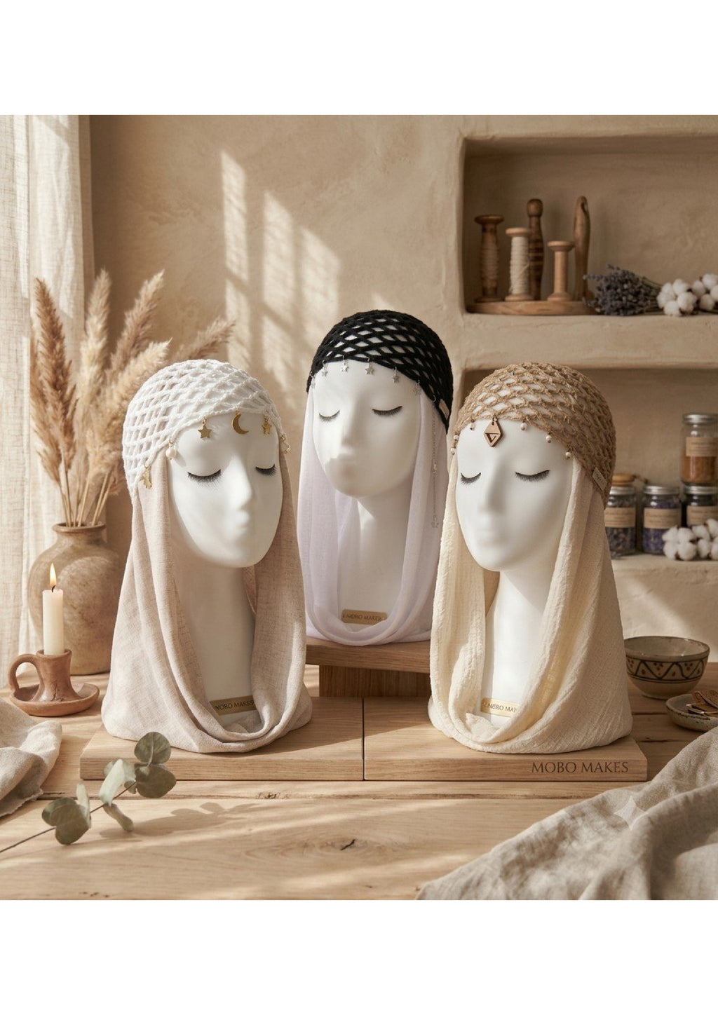 Handmade Net Bonnet with Celestial Charms – Macramé Diamond Pendant Headpiece