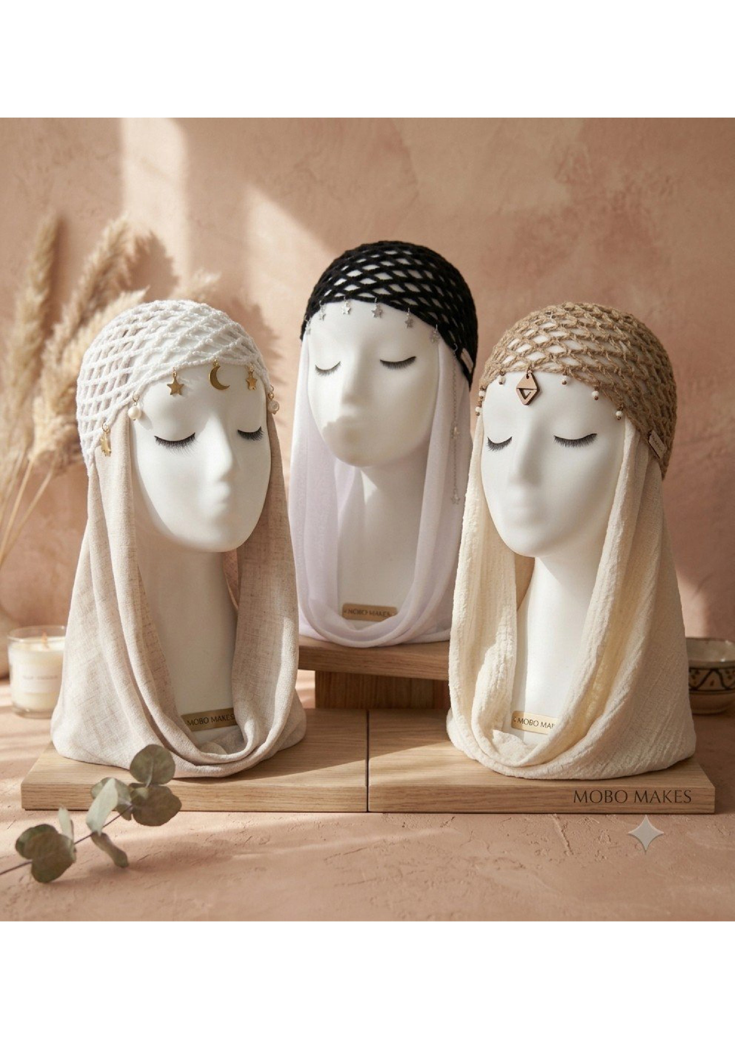 Handmade Net Bonnet with Celestial Charms – Macramé Diamond Pendant Headpiece