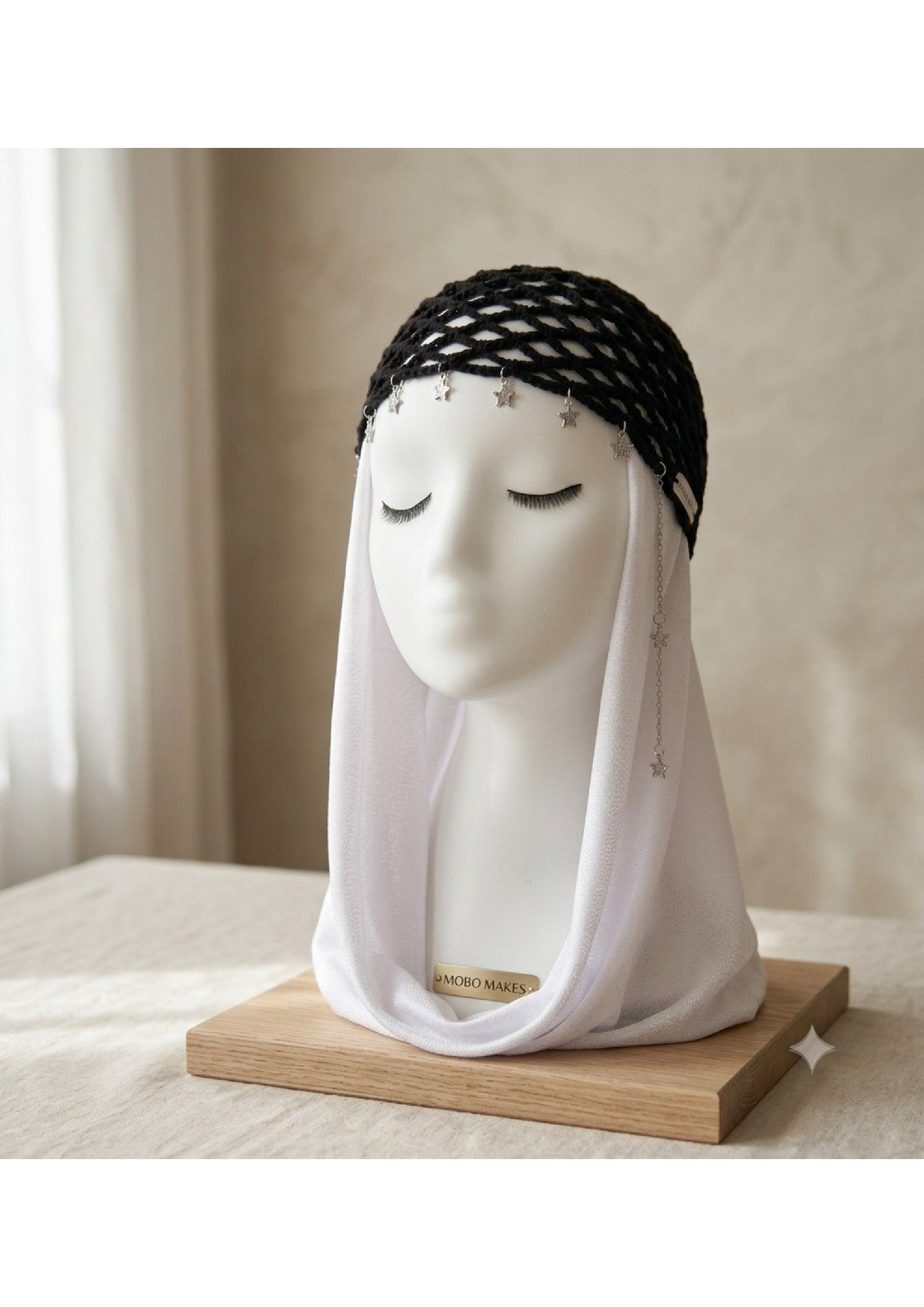 Star Fringe Crochet Mesh Cap – Black Hair Net with Silver Drop Chain | Mobo Makes
