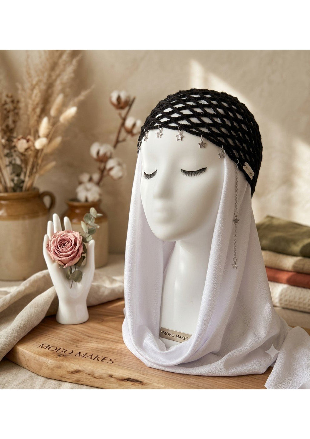 Star Fringe Crochet Mesh Cap – Black Hair Net with Silver Drop Chain | Mobo Makes