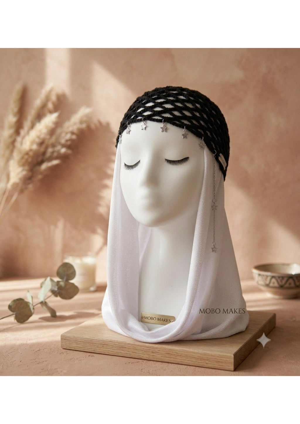 Star Fringe Crochet Mesh Cap – Black Hair Net with Silver Drop Chain | Mobo Makes