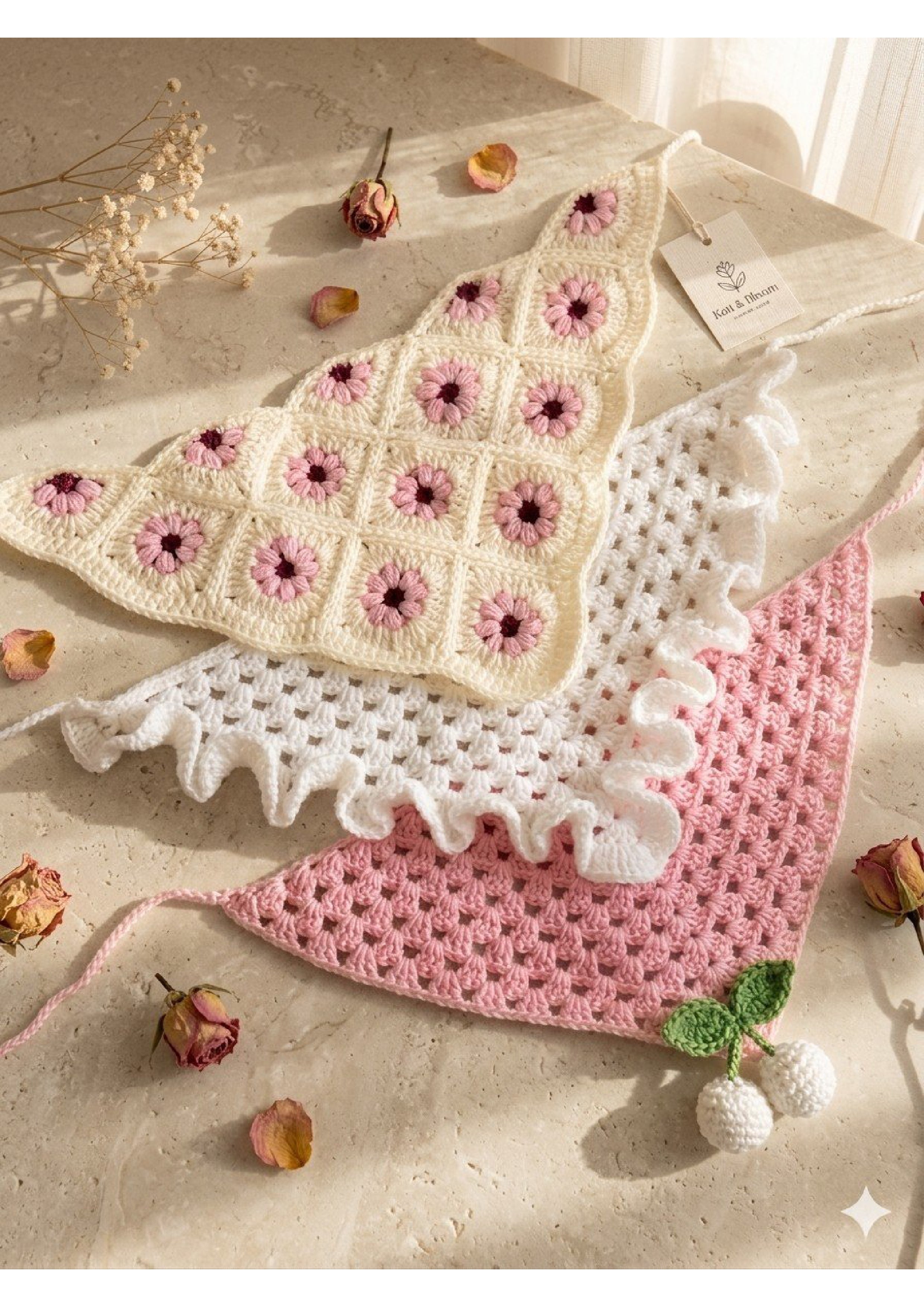 Handmade Crochet Triangle Bandana – Floral Patchwork & Ruffle Kerchief | Mobo Makes