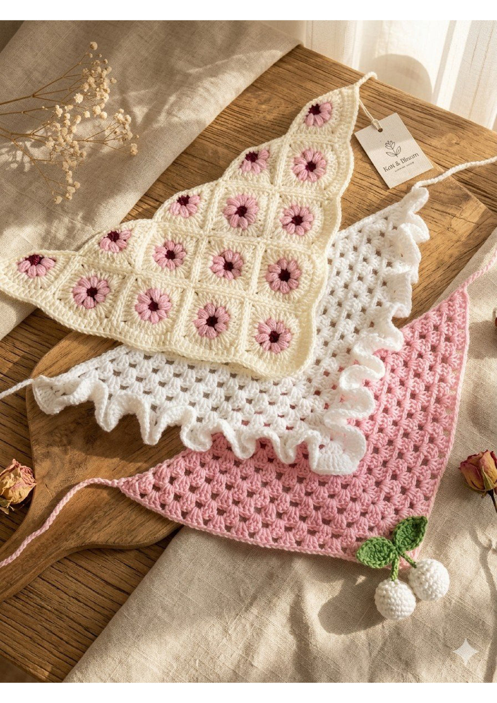 Handmade Crochet Triangle Bandana – Floral Patchwork & Ruffle Kerchief | Mobo Makes