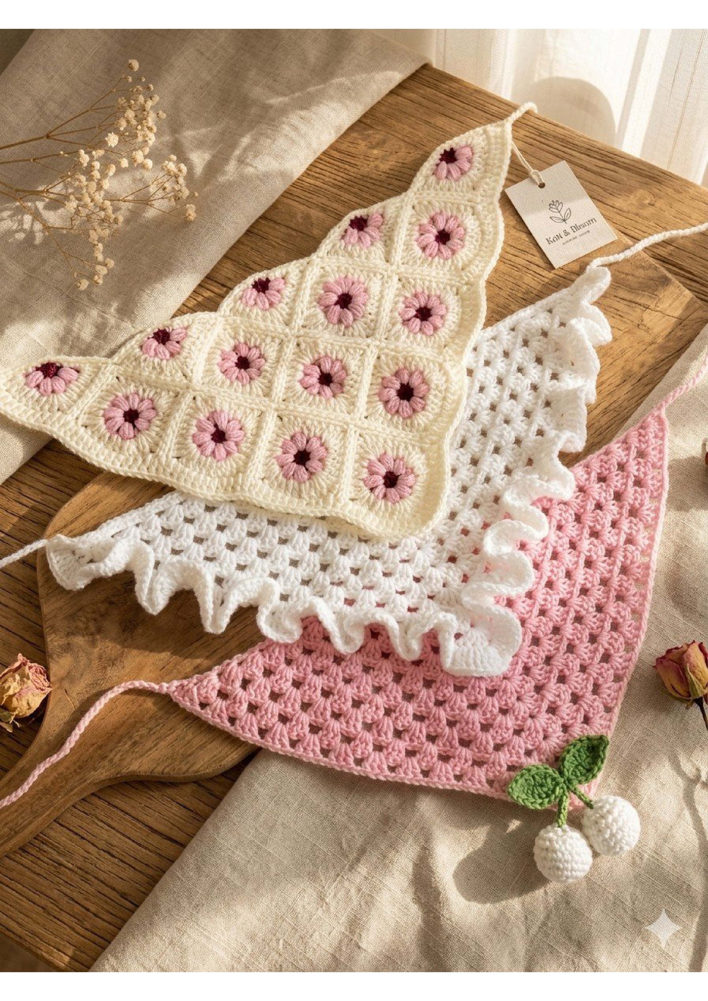 Handmade Crochet Triangle Bandana – Floral Patchwork & Ruffle Kerchief | Mobo Makes
