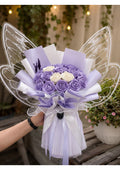 Core Lavender Satin Rose Bouquet – Eternal Handmade Flower Arrangement with Butterfly Wing Wrapping