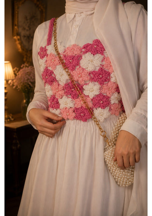 Hand-Crochet Floral Camisole Crop Top with Pearl Accents | Pastel Pink & White Knit Flower Corset Vest for Layering, Cottagecore Modest Fashion
