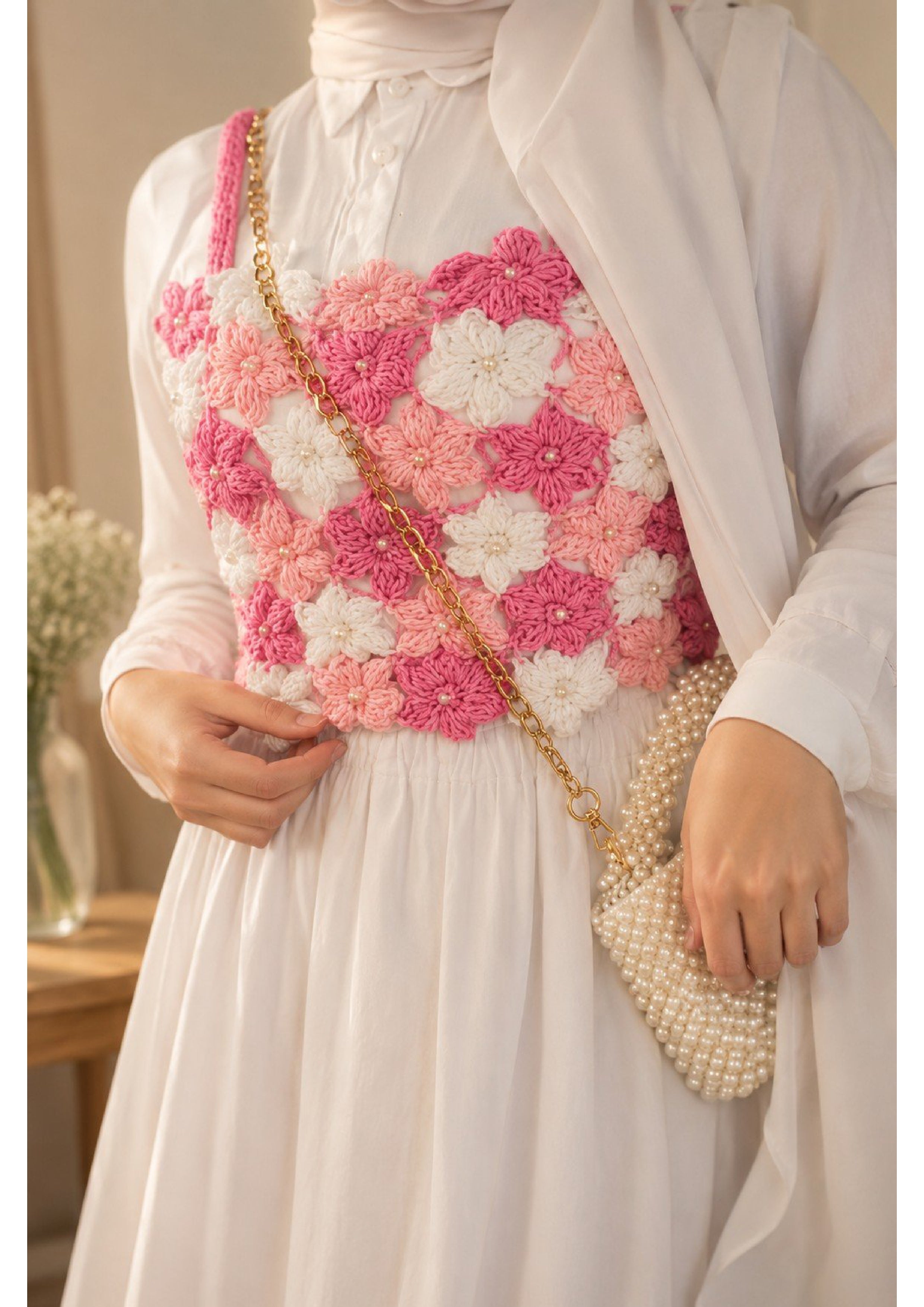 Hand-Crochet Floral Camisole Crop Top with Pearl Accents | Pastel Pink & White Knit Flower Corset Vest for Layering, Cottagecore Modest Fashion