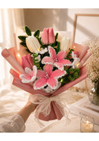 Handmade Pipe Cleaner Flower Bouquet | Artificial Pink Lily & Tulip Chenille Stem Arrangement | Unique Everlasting Gift