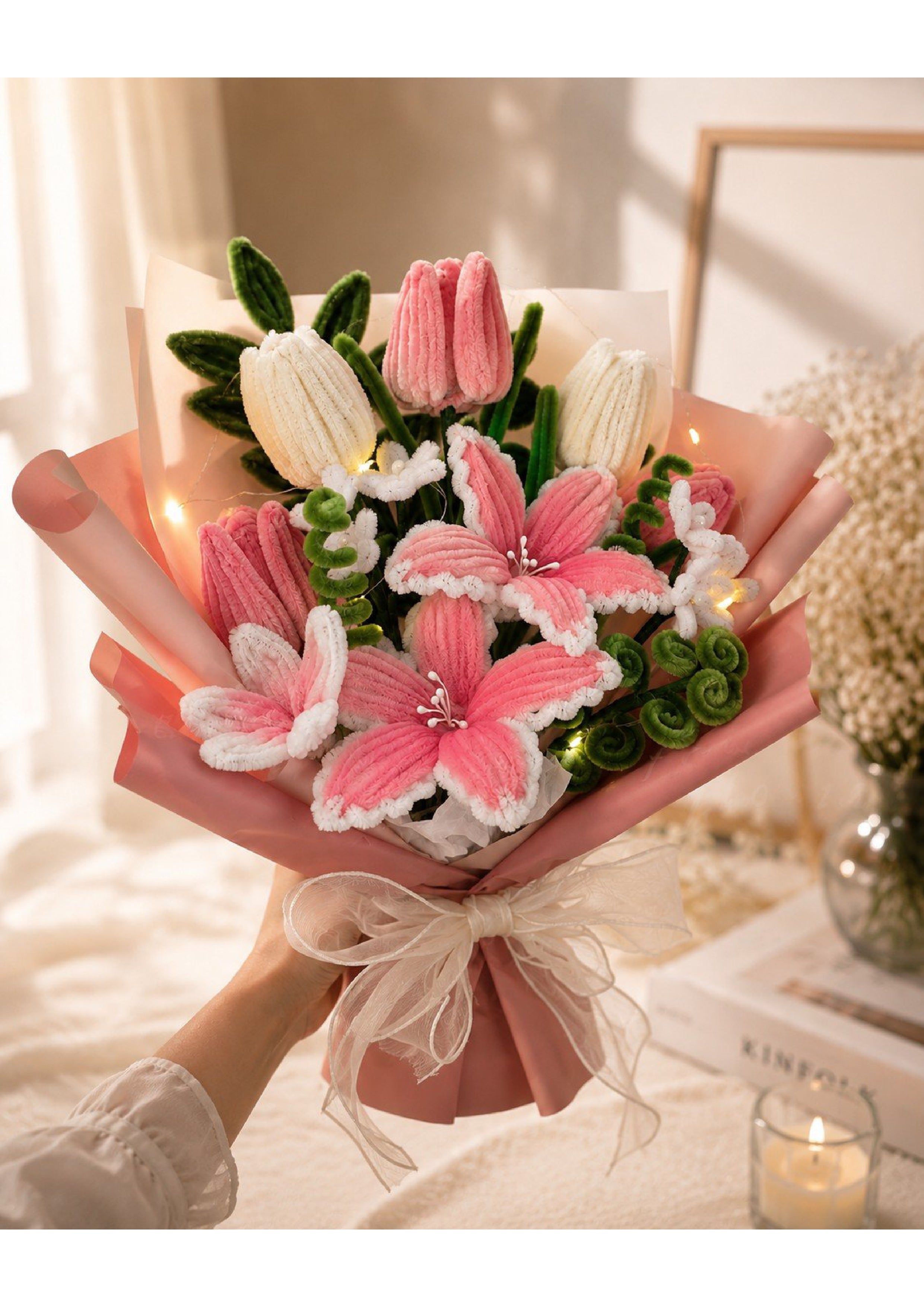 Handmade Pipe Cleaner Flower Bouquet | Artificial Pink Lily & Tulip Chenille Stem Arrangement | Unique Everlasting Gift